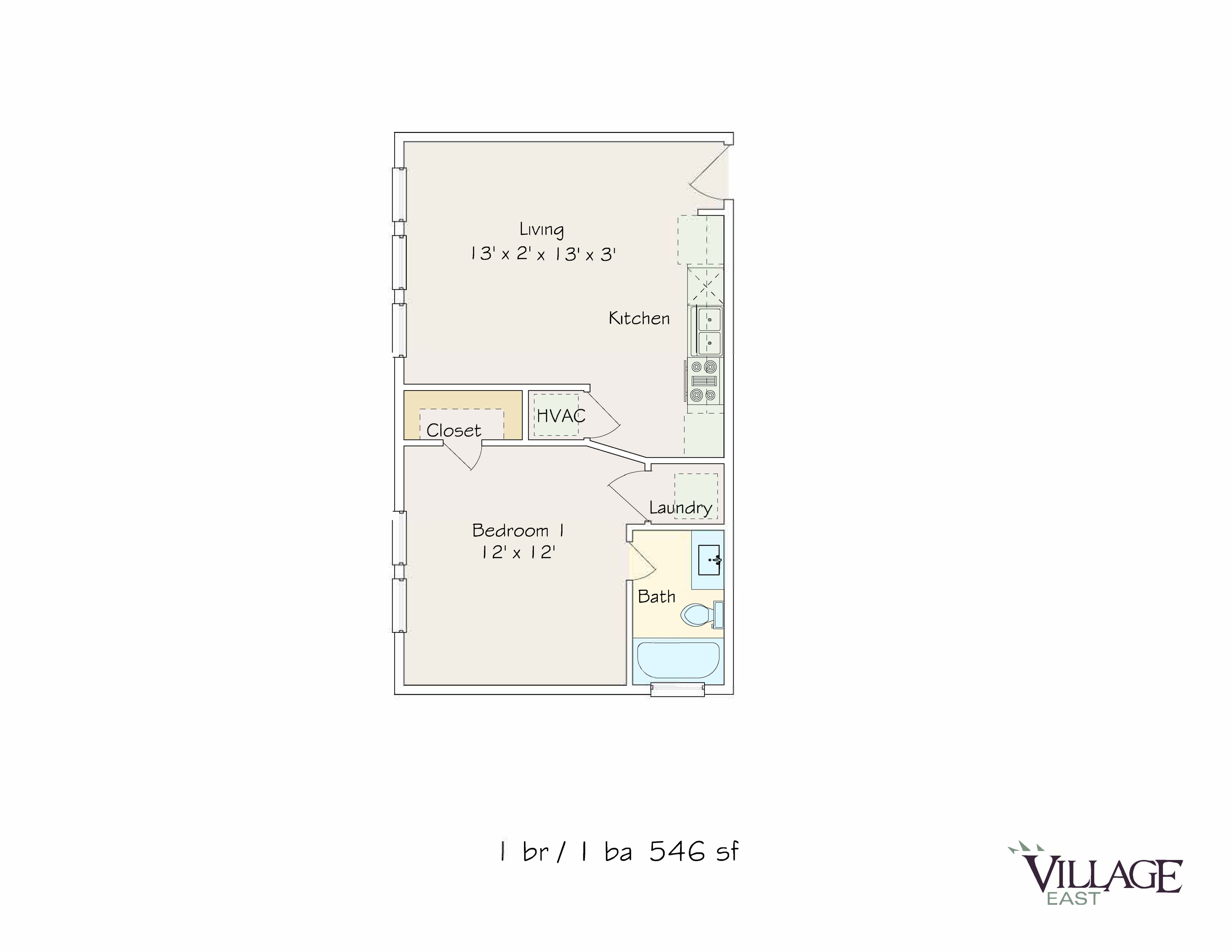 Efficient 1-bedroom apartment floor plan with an open living area, kitchen, and laundry.
