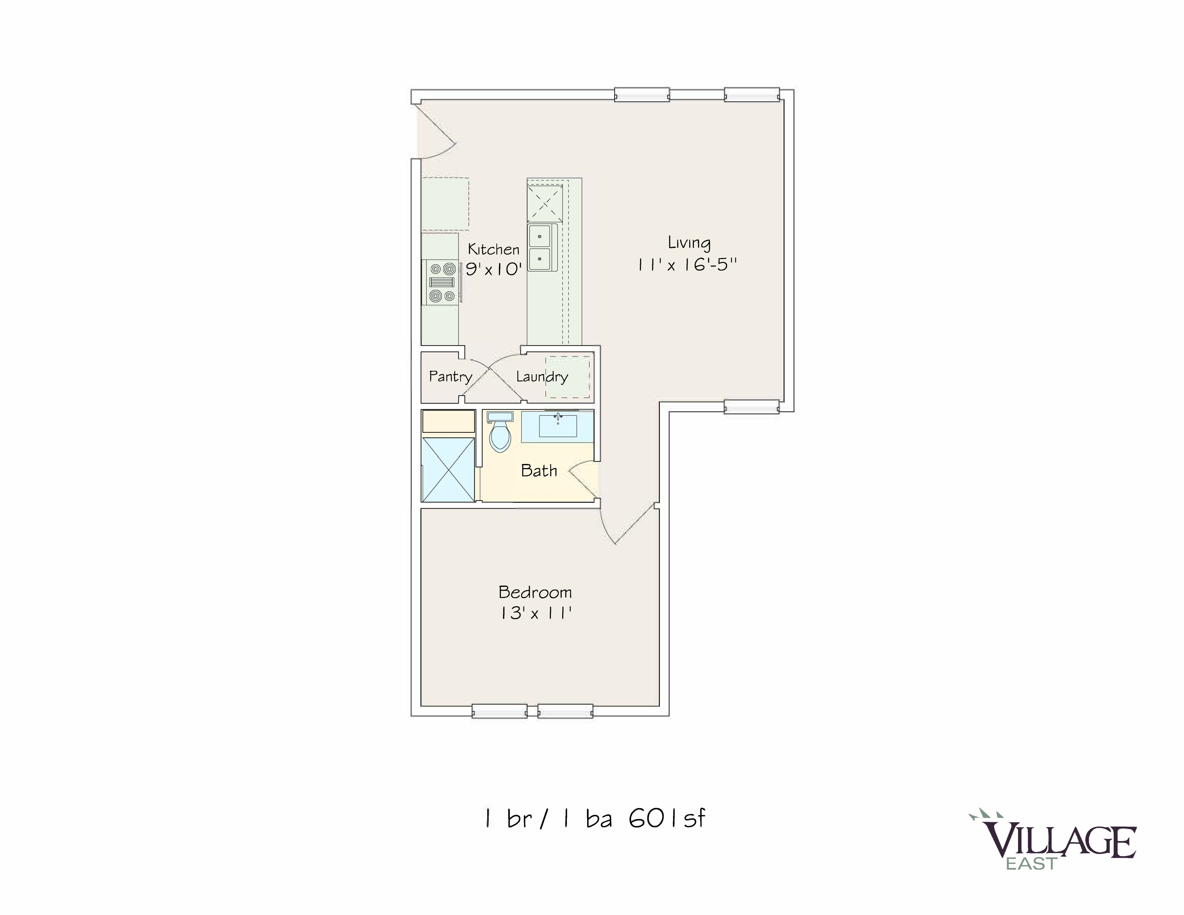 Elegant 1-bedroom floor plan with a living area, kitchen, pantry, and laundry space, covering 601 sq ft.