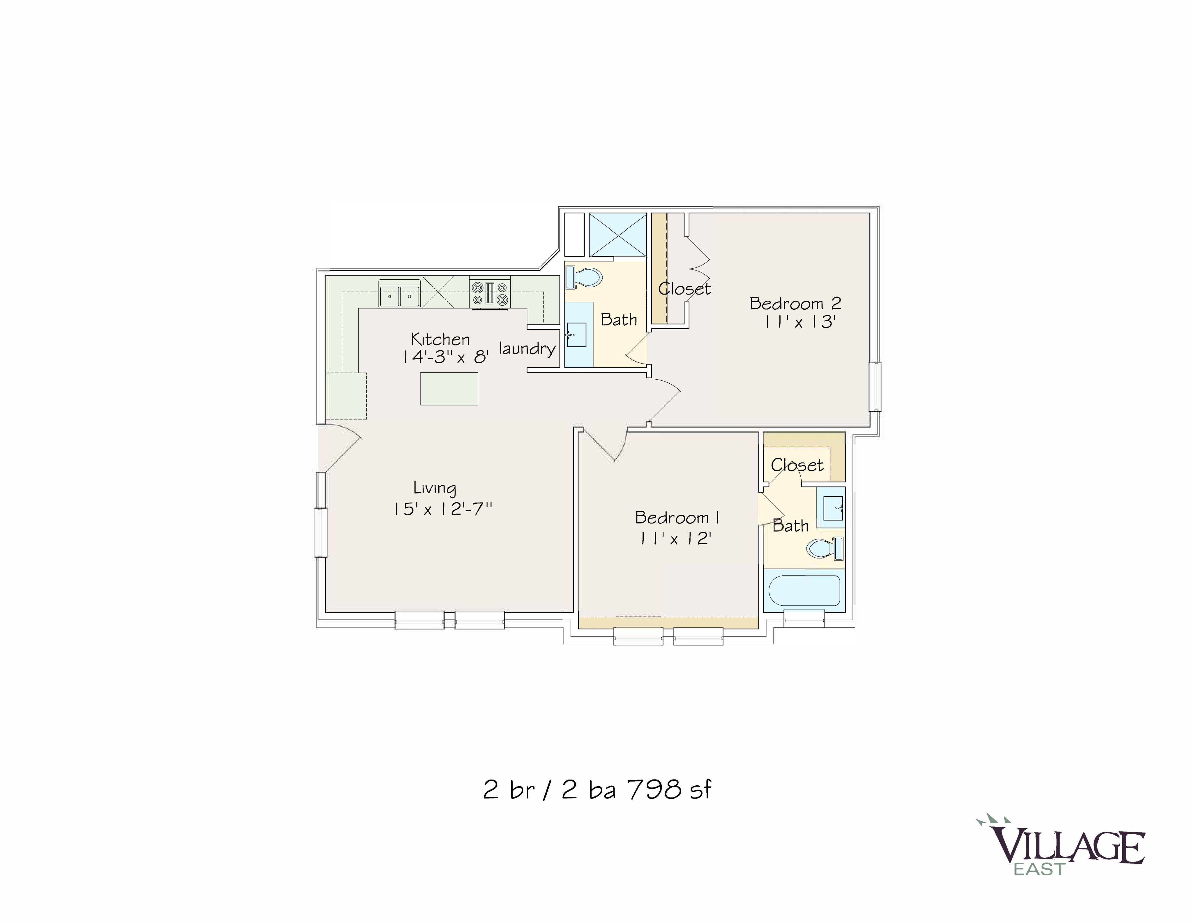 Detailed floor plan featuring 2 bedrooms, open living area, kitchen, and 2 bathrooms, totaling 798 sq ft.