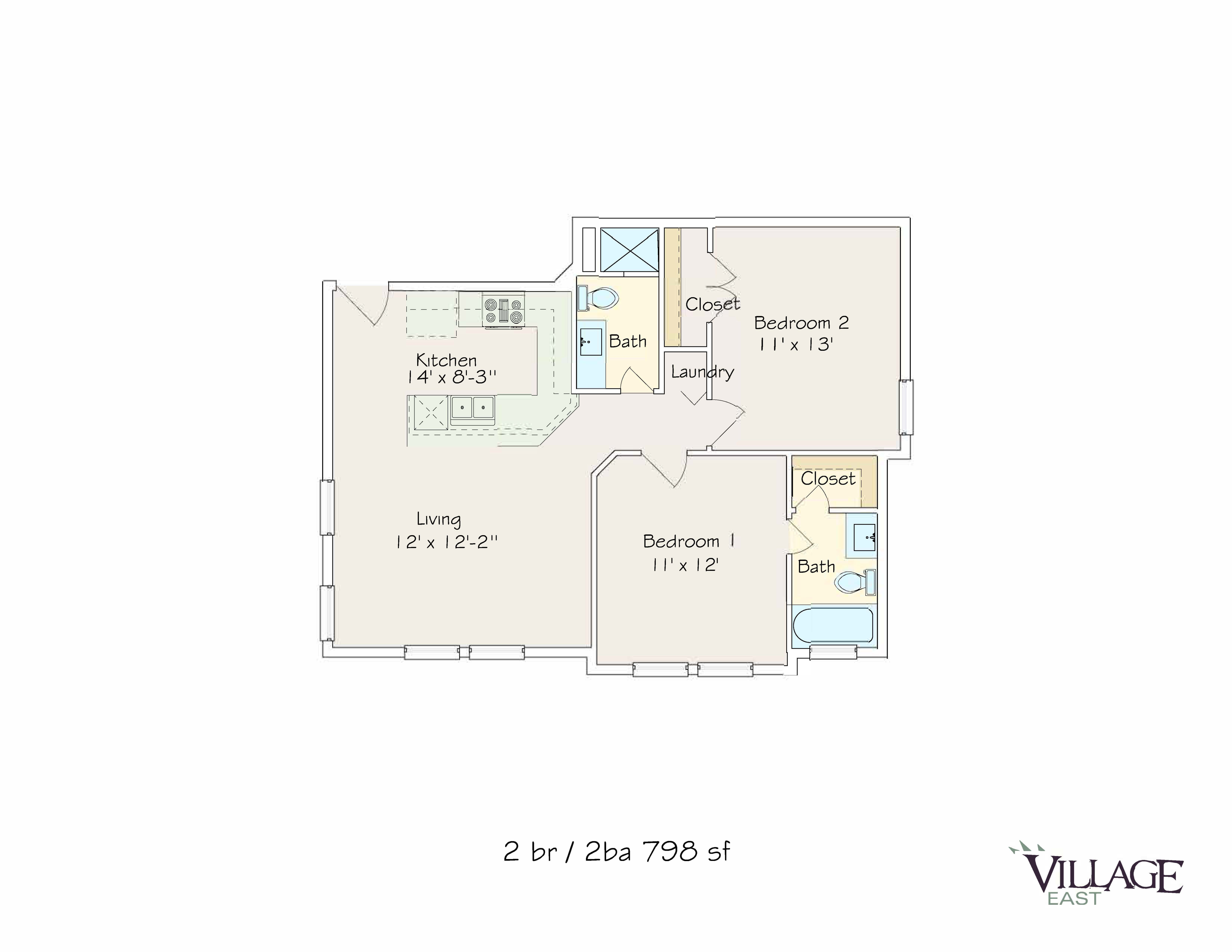 Thoughtfully designed floor plan of Village East featuring 2 bedrooms, 2 bathrooms, open living space, and modern kitchen.