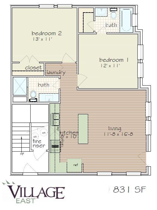 Village East floor plan displaying 2 bedrooms, a modern kitchen, and spacious living area across 831 square feet.