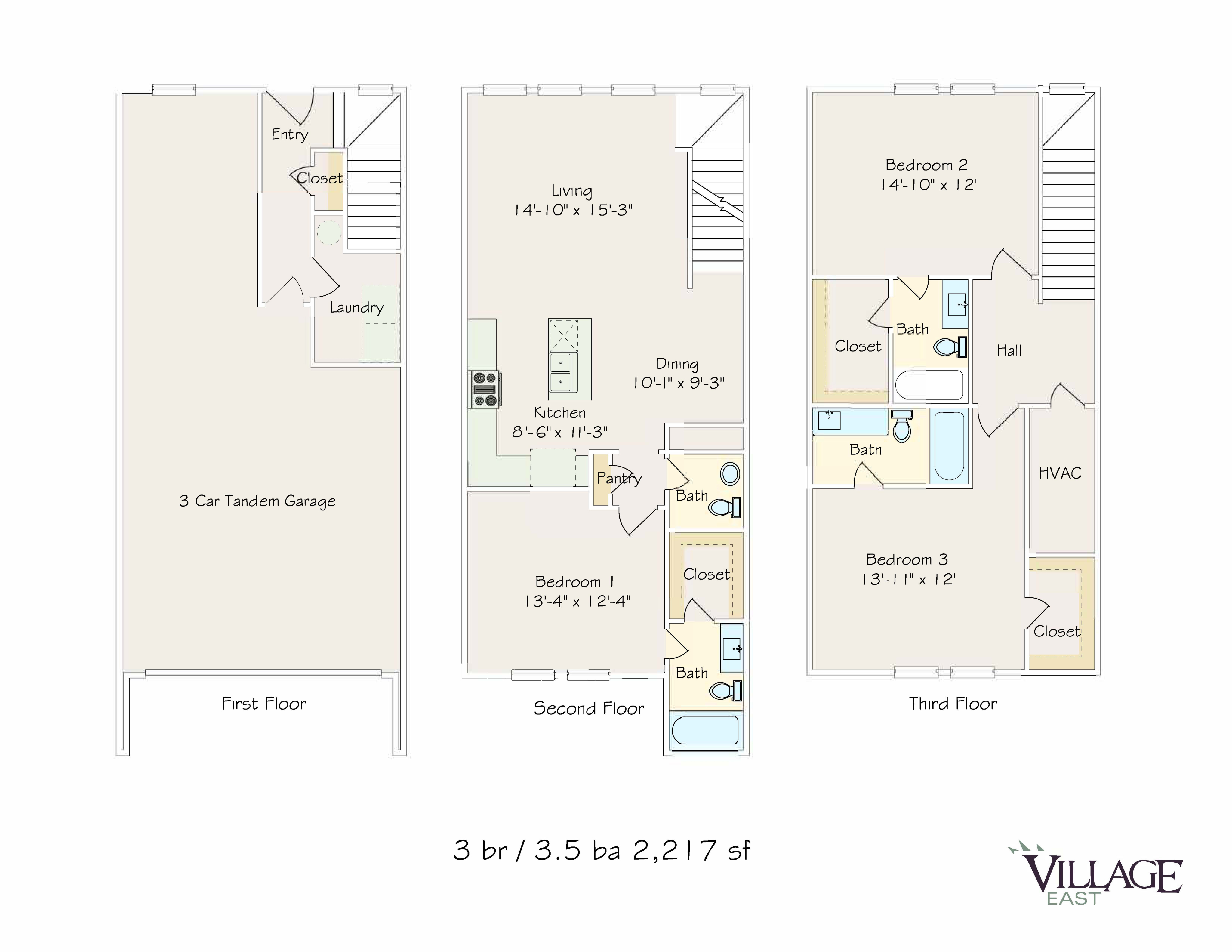 Inviting 3D floor plan with three spacious bedrooms, modern kitchen, and ample garage space across three levels.
