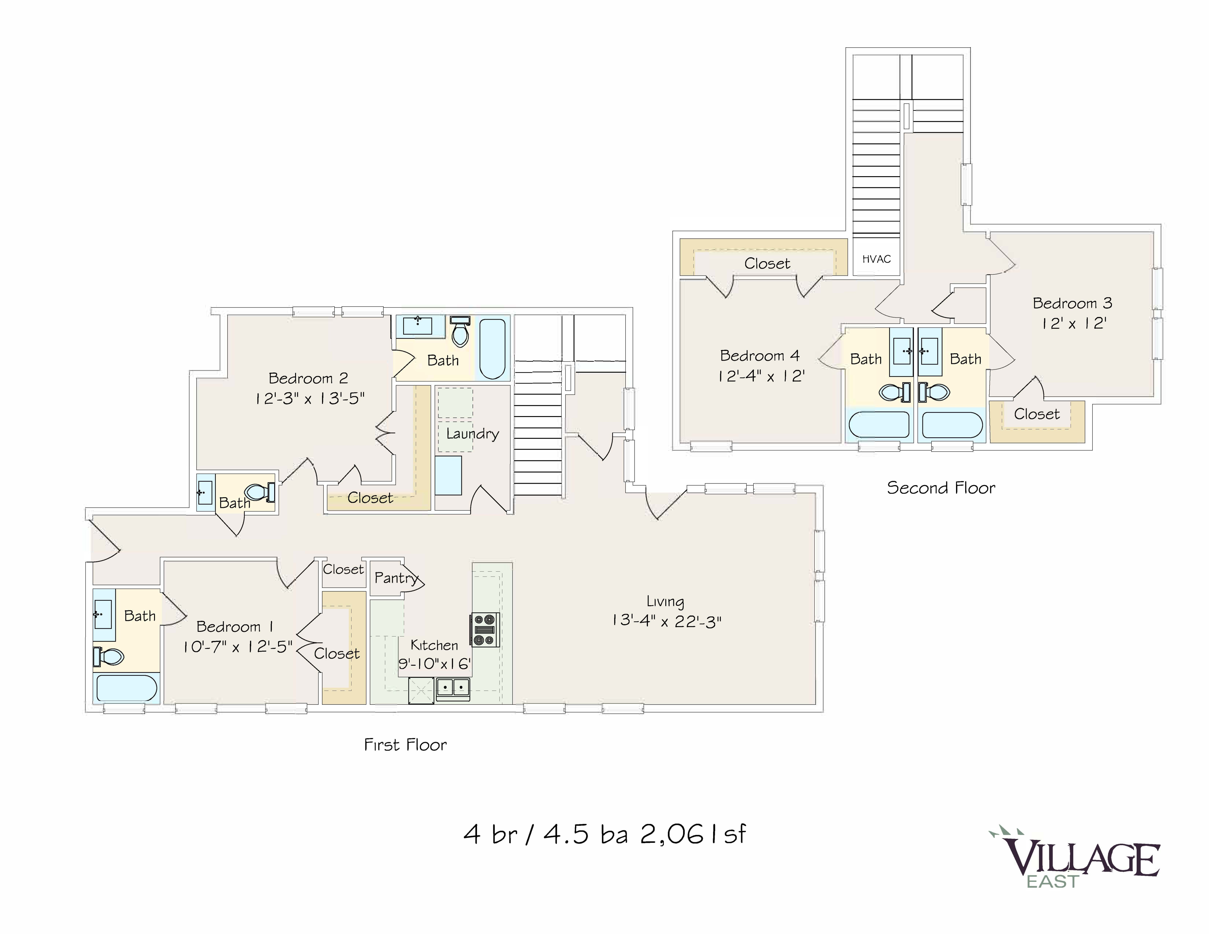 Elegant 4-bedroom, 4.5-bathroom floor plan with open living space and modern kitchen.