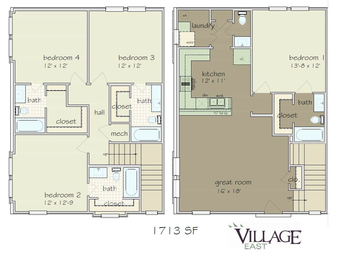Village East floor plan featuring 4 bedrooms, a large kitchen, great room, and multiple baths over 1713 sq ft.