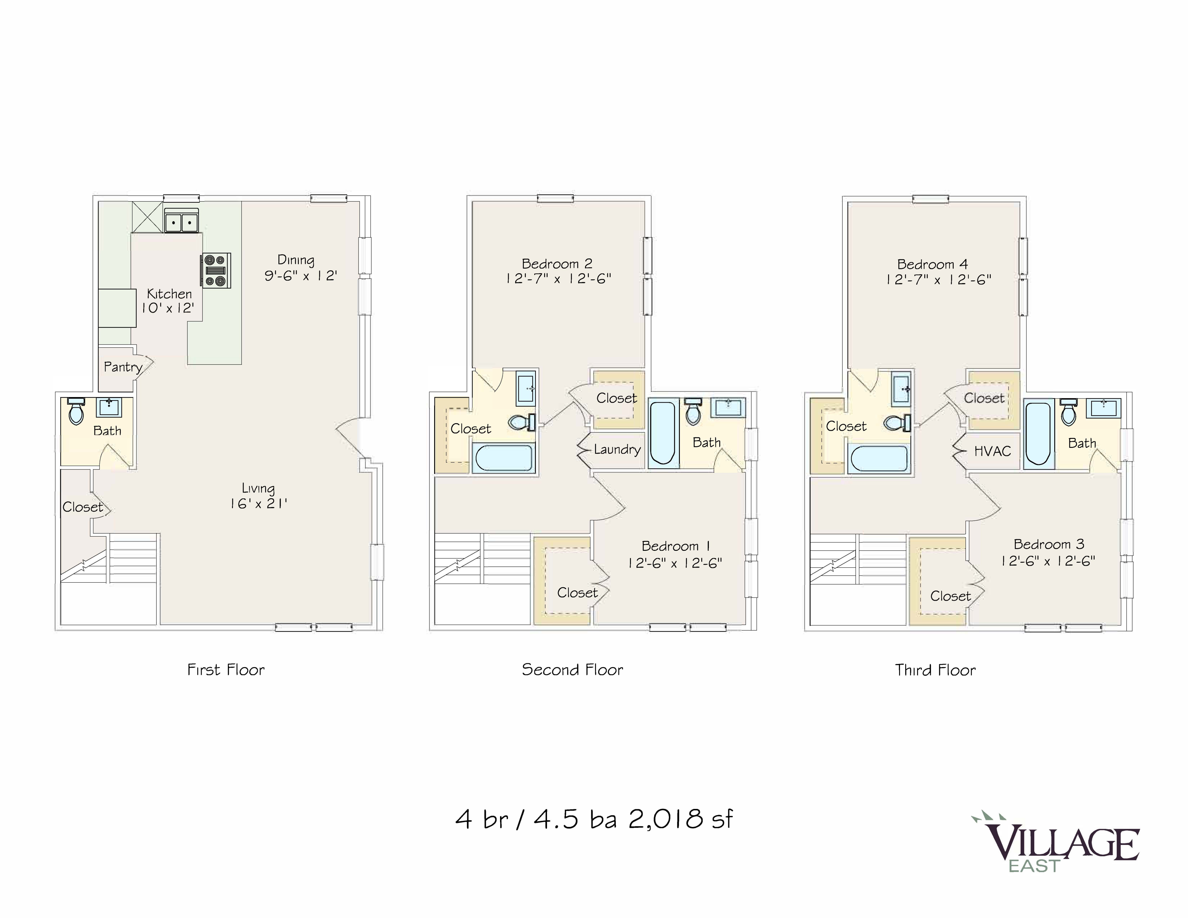 Three-level floor plan highlighting 4 bedrooms, 4.5 bathrooms, and open living space, totaling 2,018 square feet.