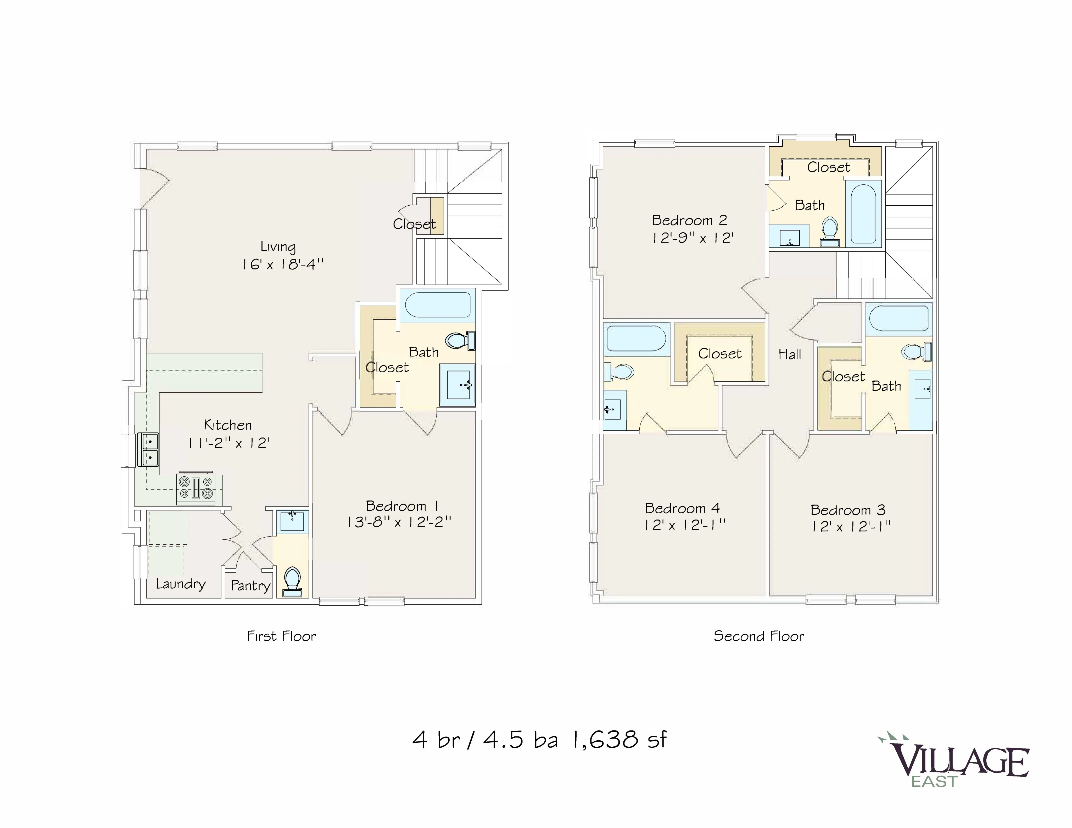Detailed 2D floor plan of a two-story residence featuring 4 bedrooms, 4.5 baths, laundry, pantry, and a spacious living area.