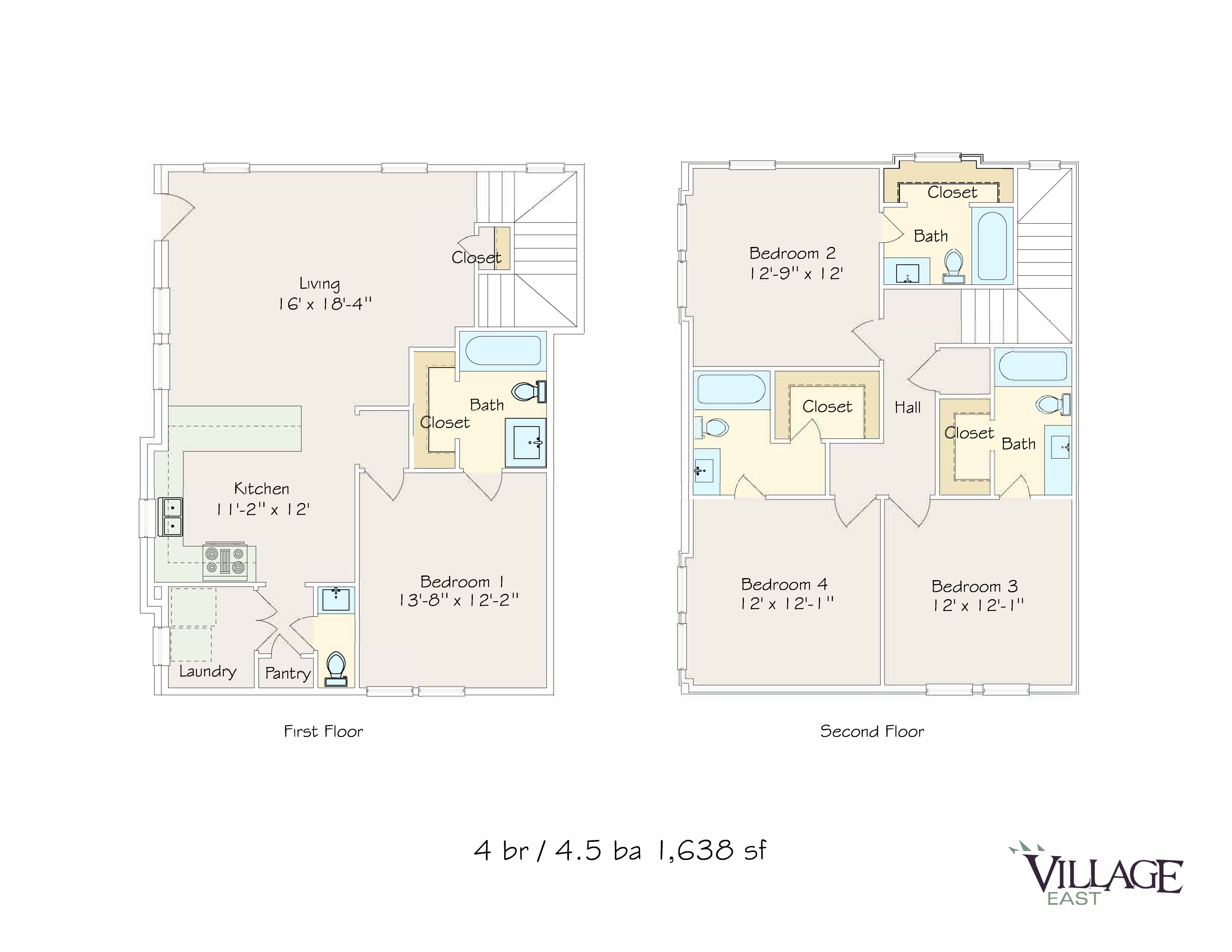 2D floor plan showcasing a 4-bedroom, 4.5-bathroom home spread over two stories with a large living area and modern kitchen.