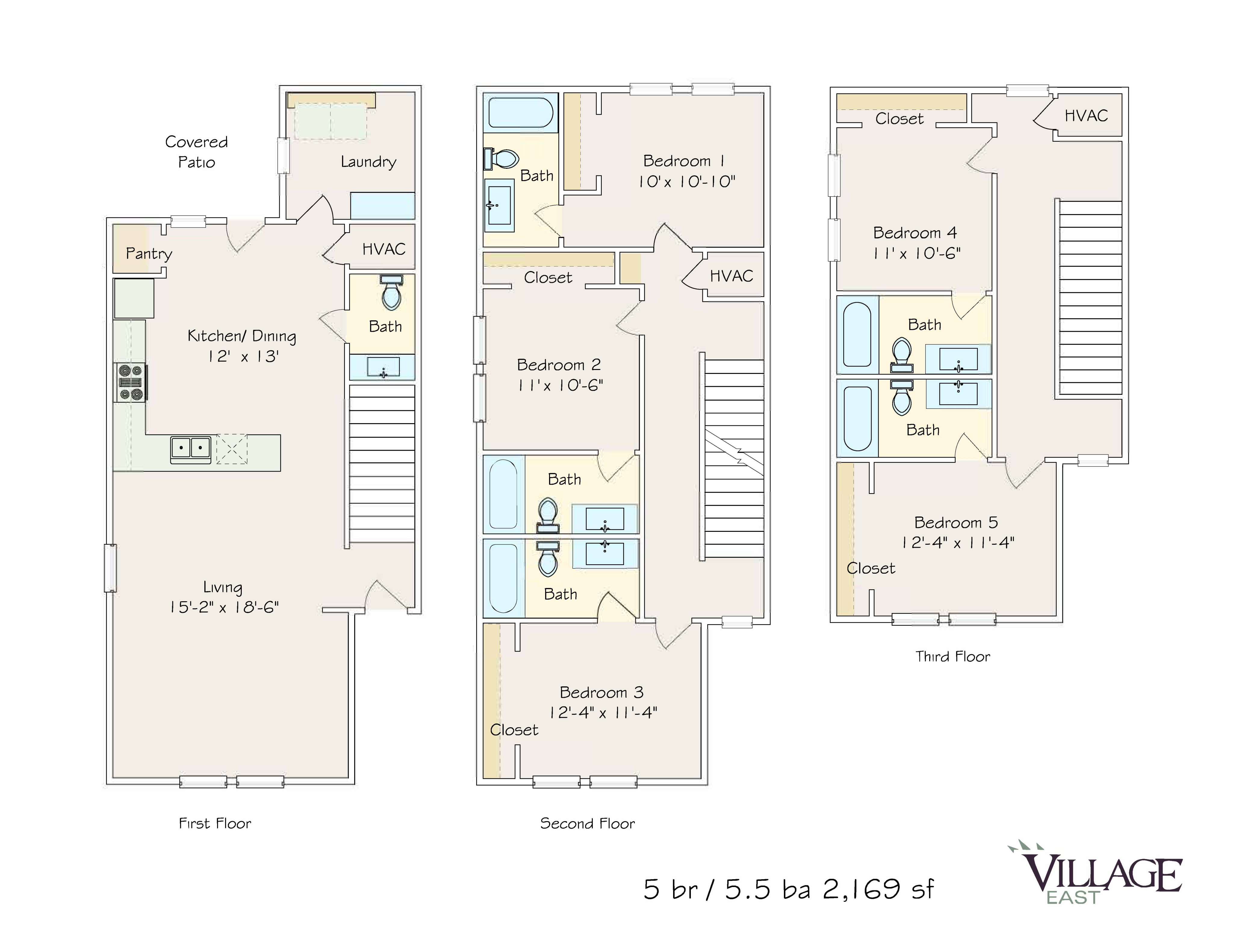 Three-story floor plan depicting 5 bedrooms and 5.5 bathrooms with open living and dining areas at Village East.