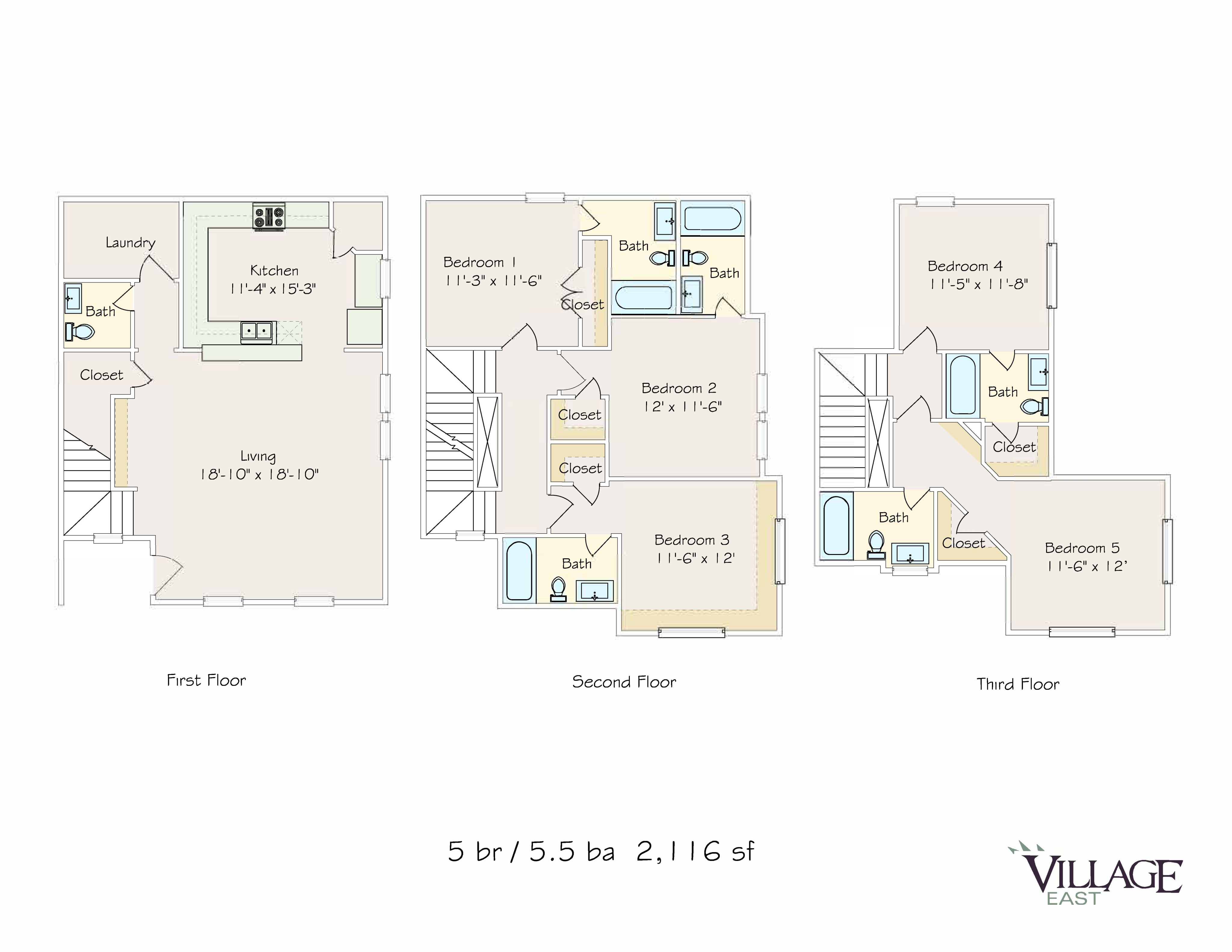 Three-level floor plan displaying 5 bedrooms, 5.5 bathrooms, a modern kitchen, and expansive living space.