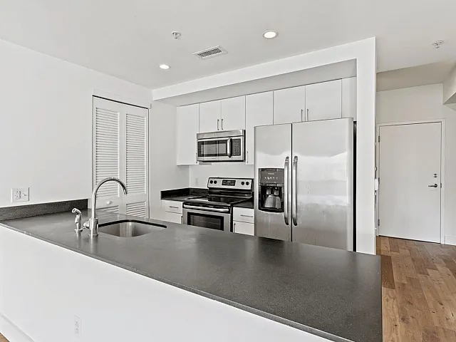 Modern kitchen with sleek stainless steel appliances, elegant countertops, and spacious cabinetry.
