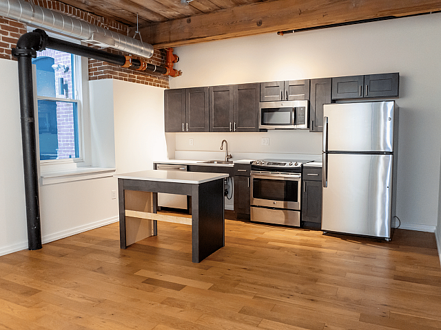 Contemporary kitchen in a stylish apartment featuring stainless steel appliances, sleek dark cabinets, and chic hardwood floors with industrial accents.