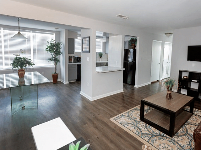 Elegant open-concept living area with hardwood floors, modern kitchen, and bright natural light in a stylish apartment.