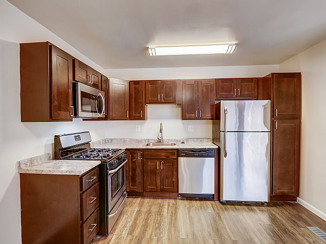 Modern kitchen with elegant dark wood cabinetry, stainless steel appliances, and sleek countertops.