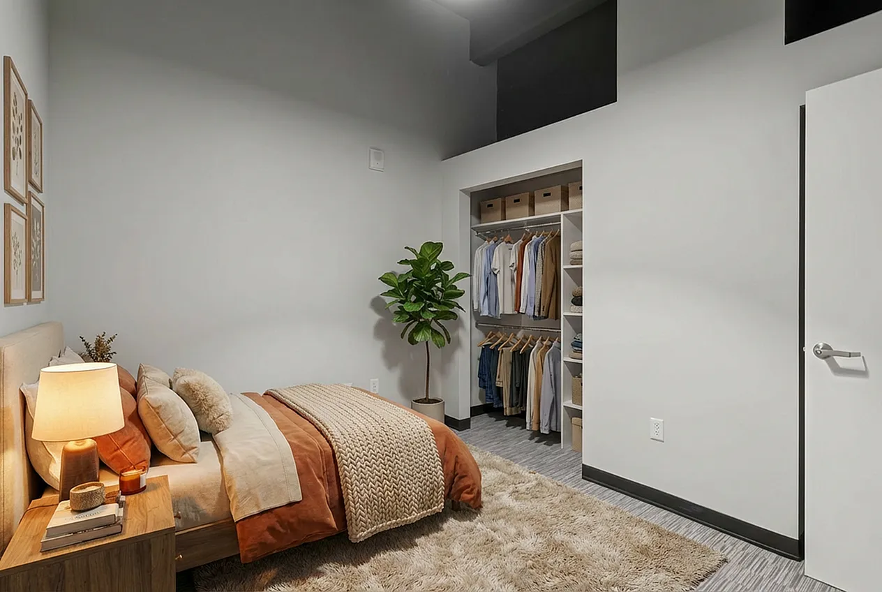 Cozy bedroom featuring a chic bed with plush pillows, stylish open closet, and a warm ambient lamp, perfect for relaxation.