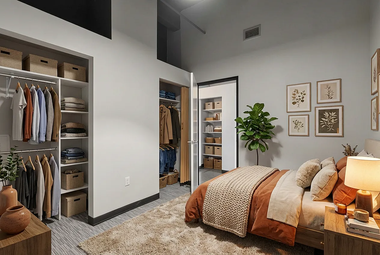 Inviting bedroom with modern decor, a cozy bed, stylish built-in closets, and curated artwork, accentuated by lush green plants and warm lighting.