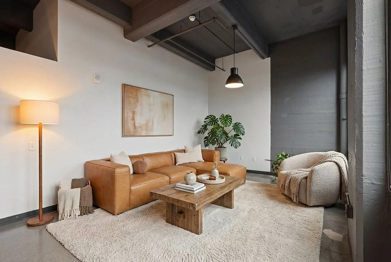 Elegant living room featuring a cozy tan leather sectional, a textured area rug, a stylish wooden coffee table, and modern lighting, all accentuated by a lush potted plant and minimalistic wall art.