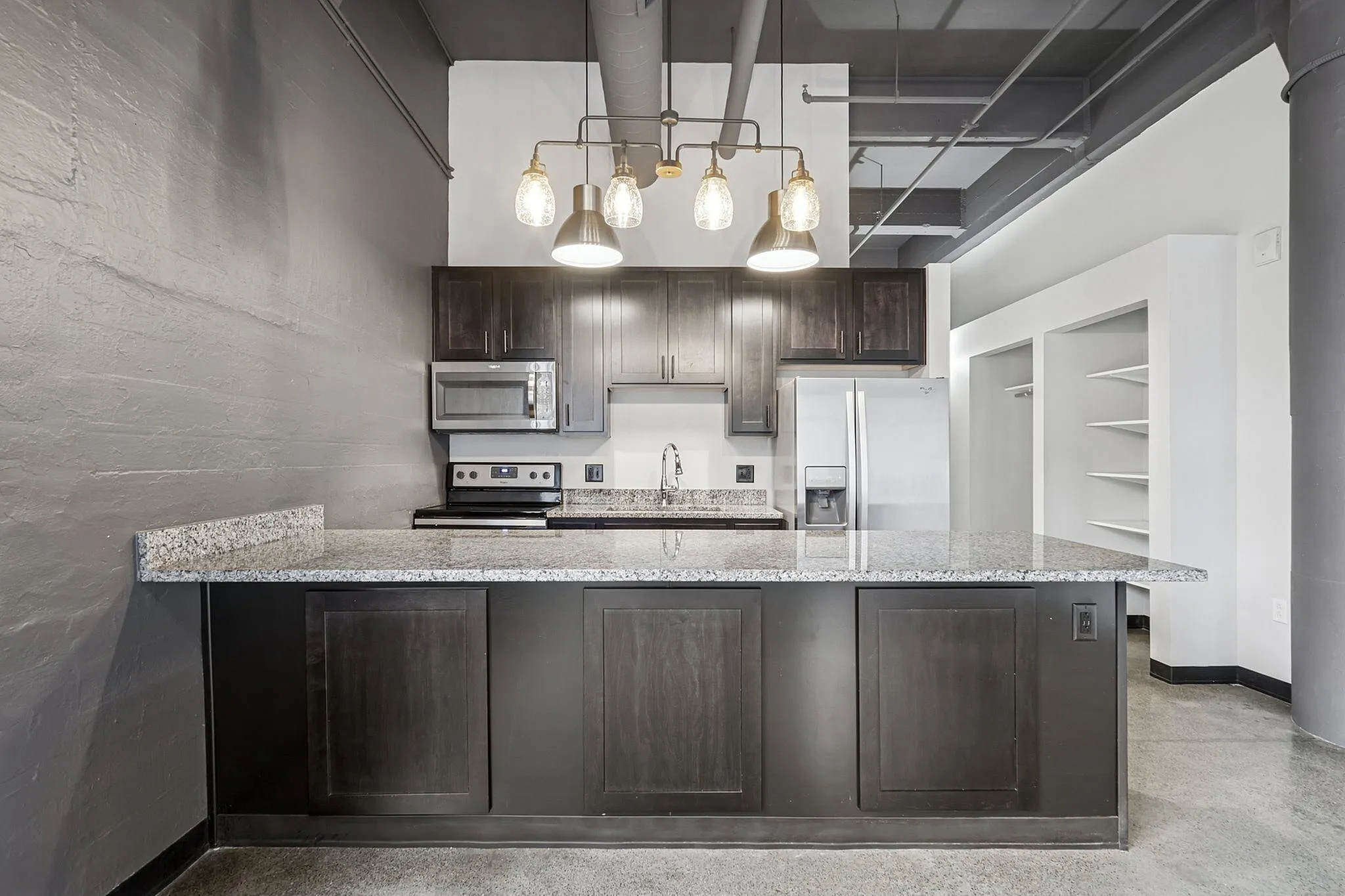 Modern industrial-style kitchen with sleek granite countertops, stainless steel appliances, and elegant pendant lighting.