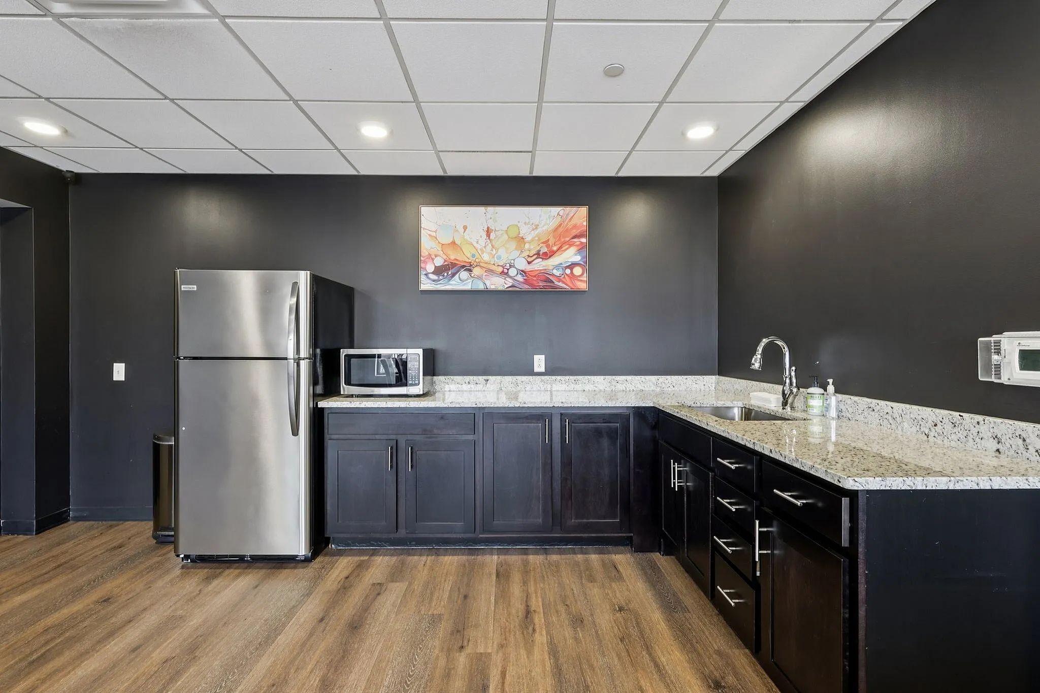 Sleek modern kitchen with dark cabinetry, stainless steel appliances, and elegant granite countertops.