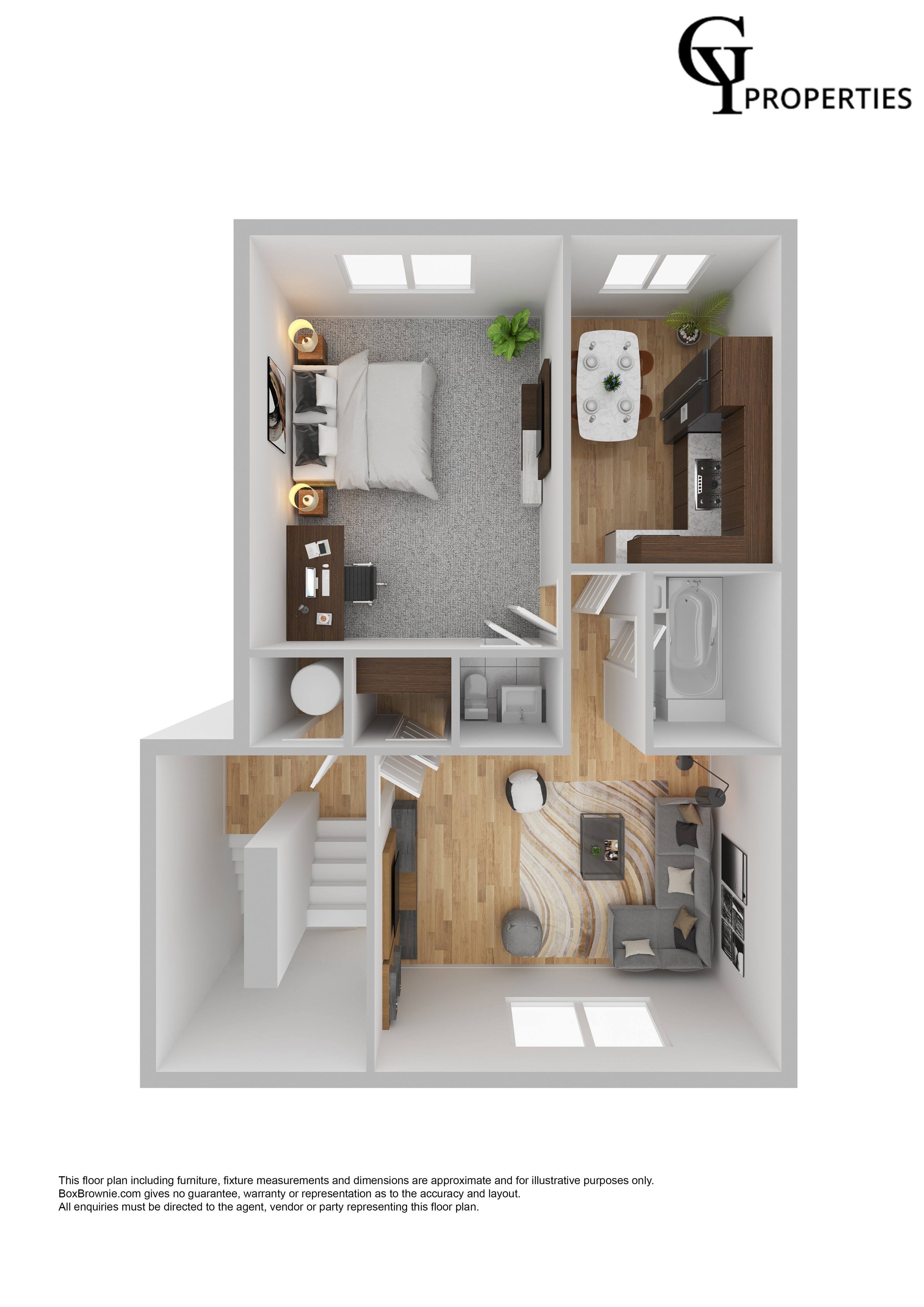 3D floor plan of a one-bedroom apartment with a modern kitchen, living area, and bathroom.