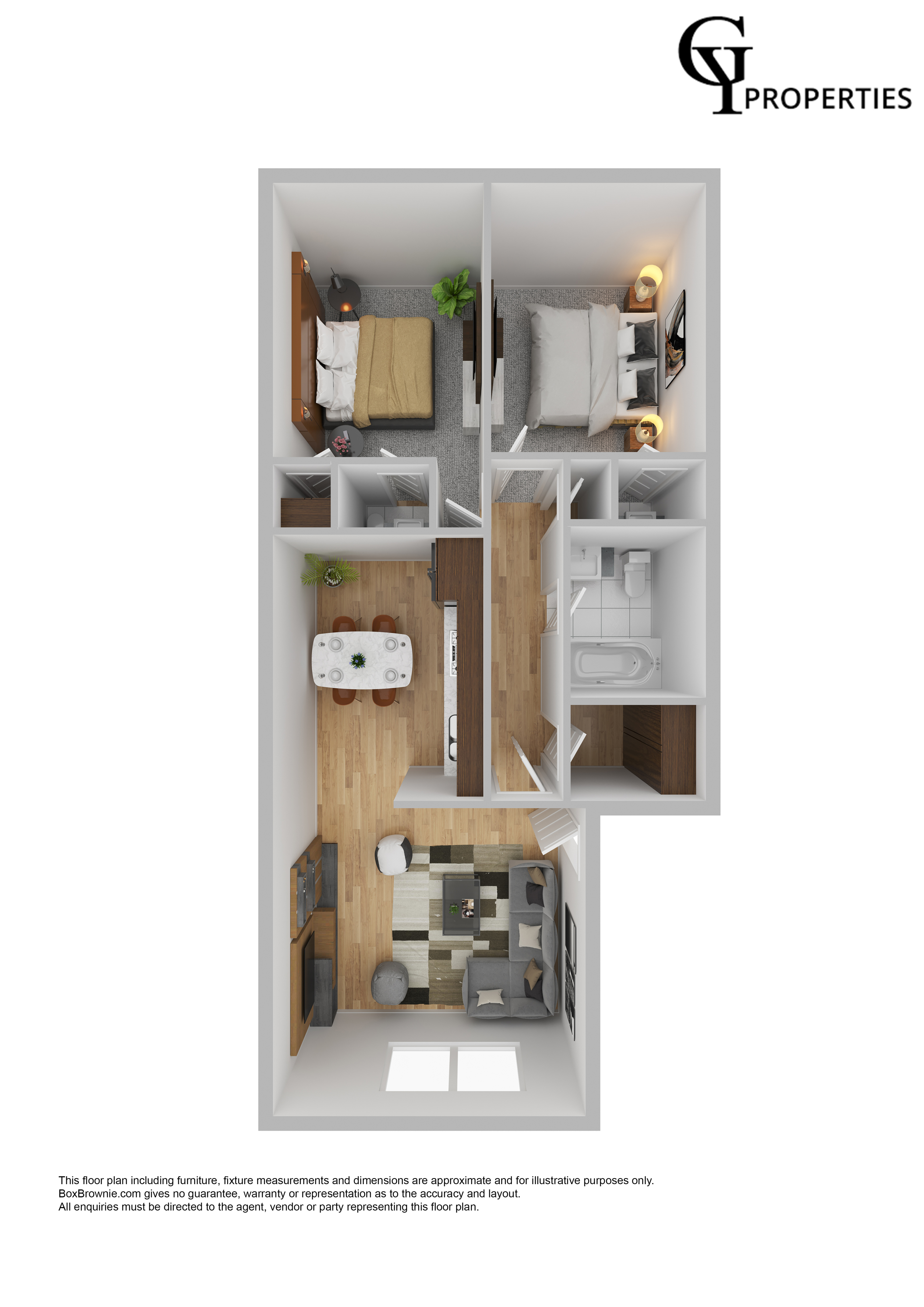 Contemporary 2D floor plan displaying two bedrooms, a stylish open kitchen, living area, and modern bathroom design.