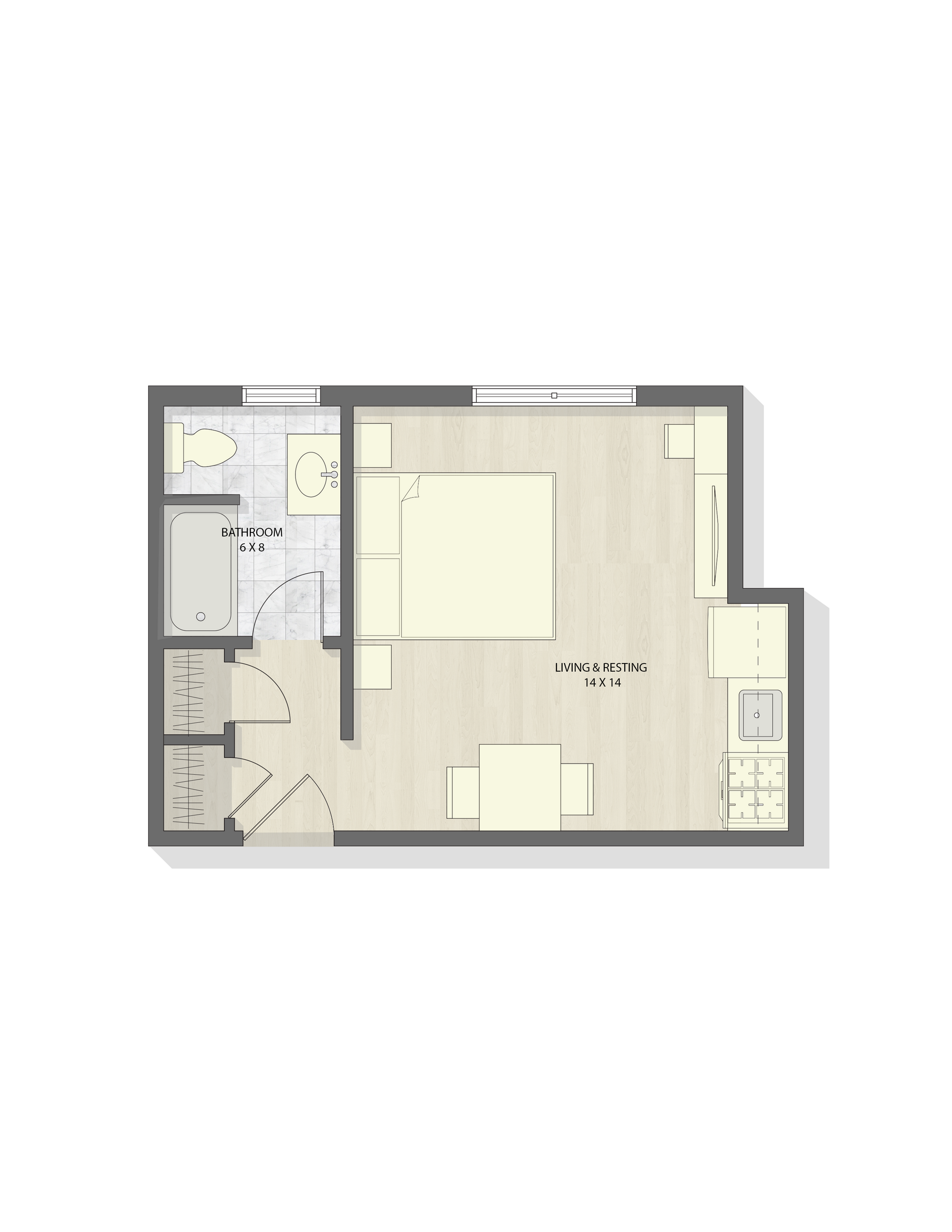 Compact studio layout with a combined living and resting area, full bathroom, and efficient closet space.