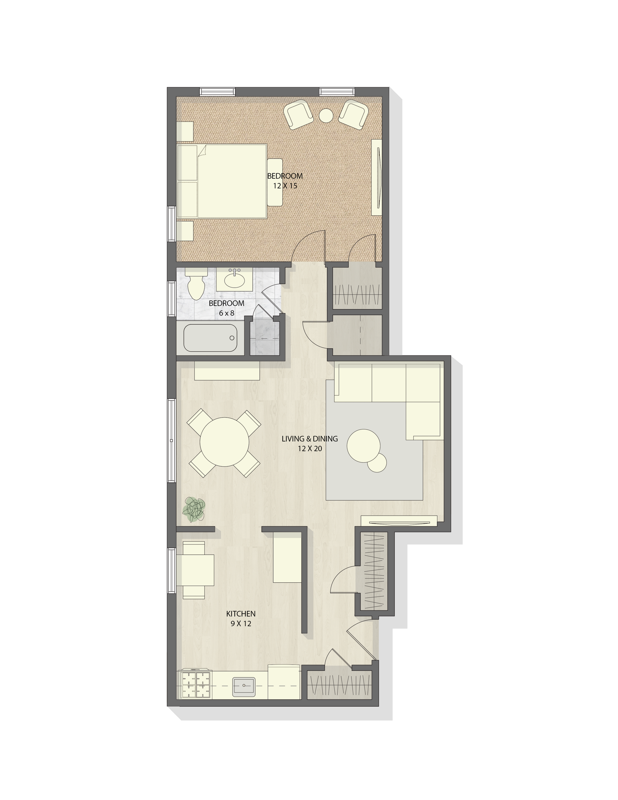 Contemporary floor plan featuring two bedrooms, a combined living and dining area, and a modern kitchen.