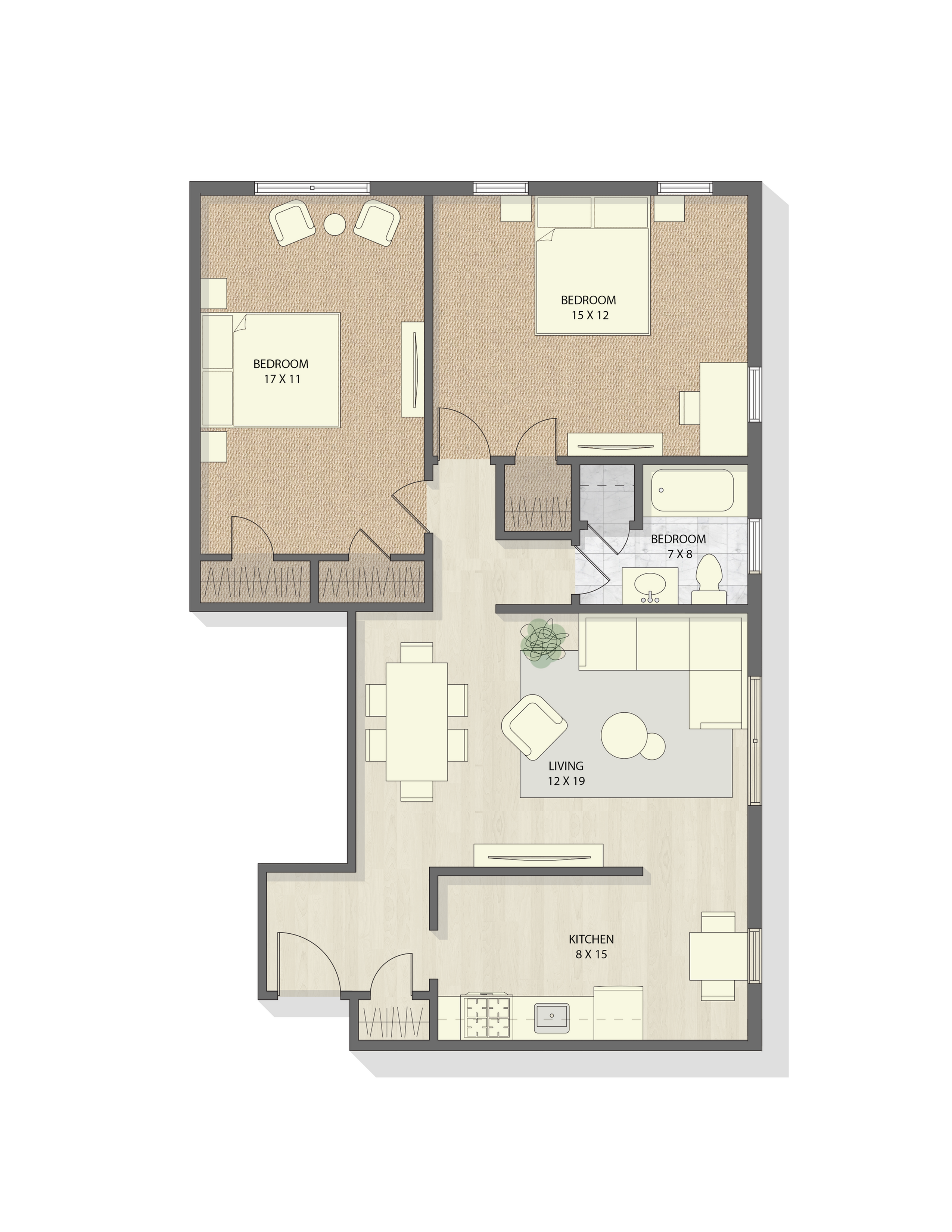 Detailed 2D floor plan with 3 bedrooms, a generous living room, and a modern kitchen.