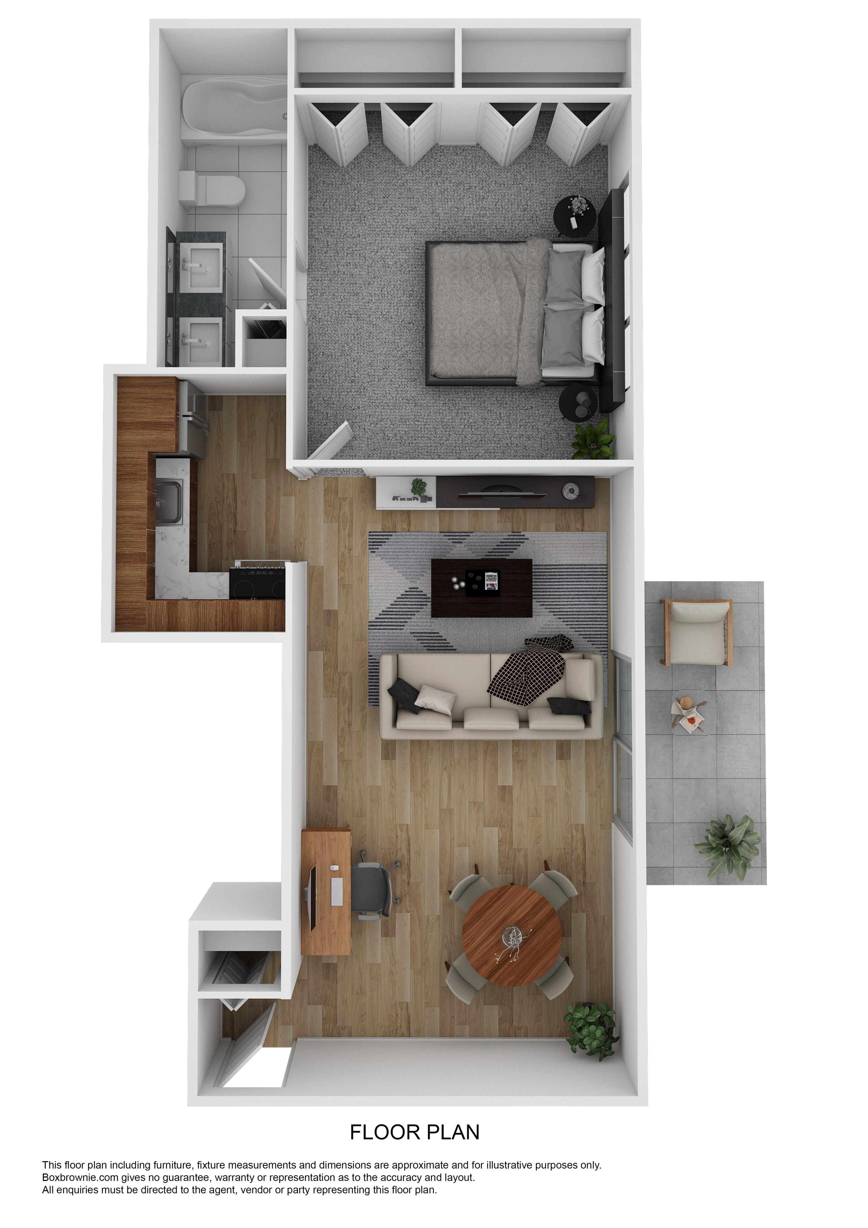 Elegant 3D floor plan displaying a cozy one-bedroom layout with an open living space and a private balcony.