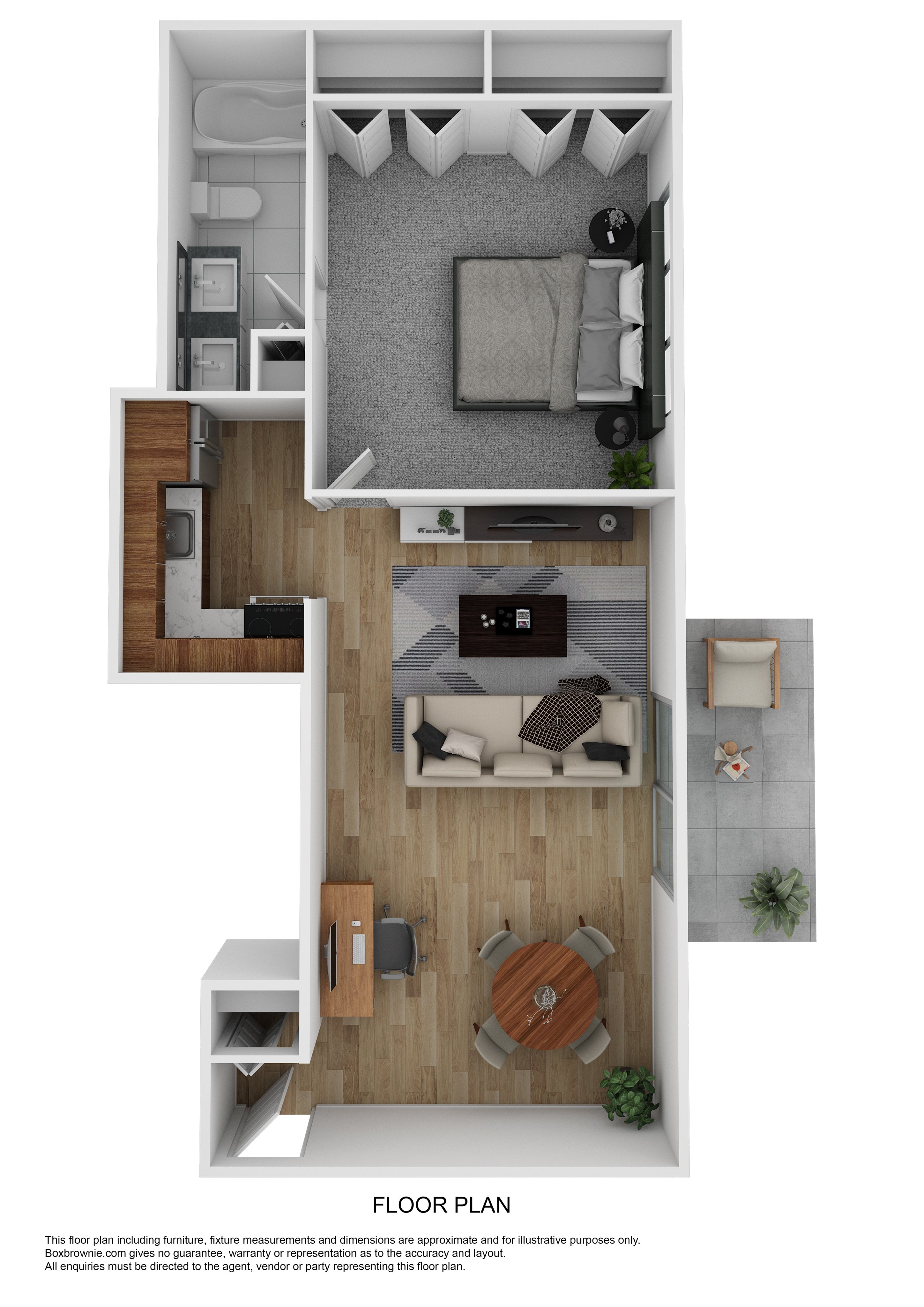 Stylish 3D floor plan of a modern one-bedroom apartment with an open-concept living area and balcony.