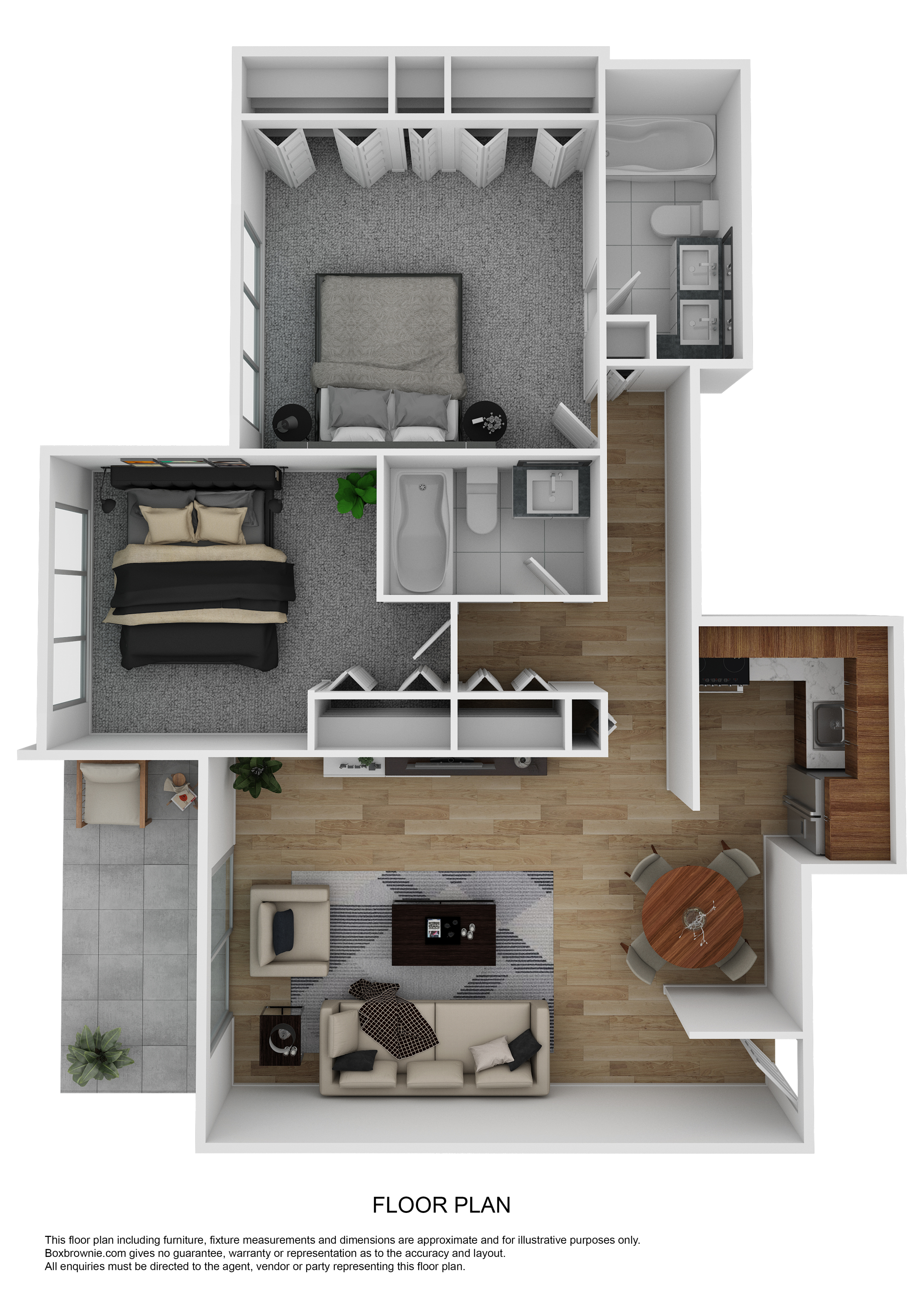 Detailed 2D floor plan showcasing a two-bedroom, two-bathroom apartment with modern living and dining areas.