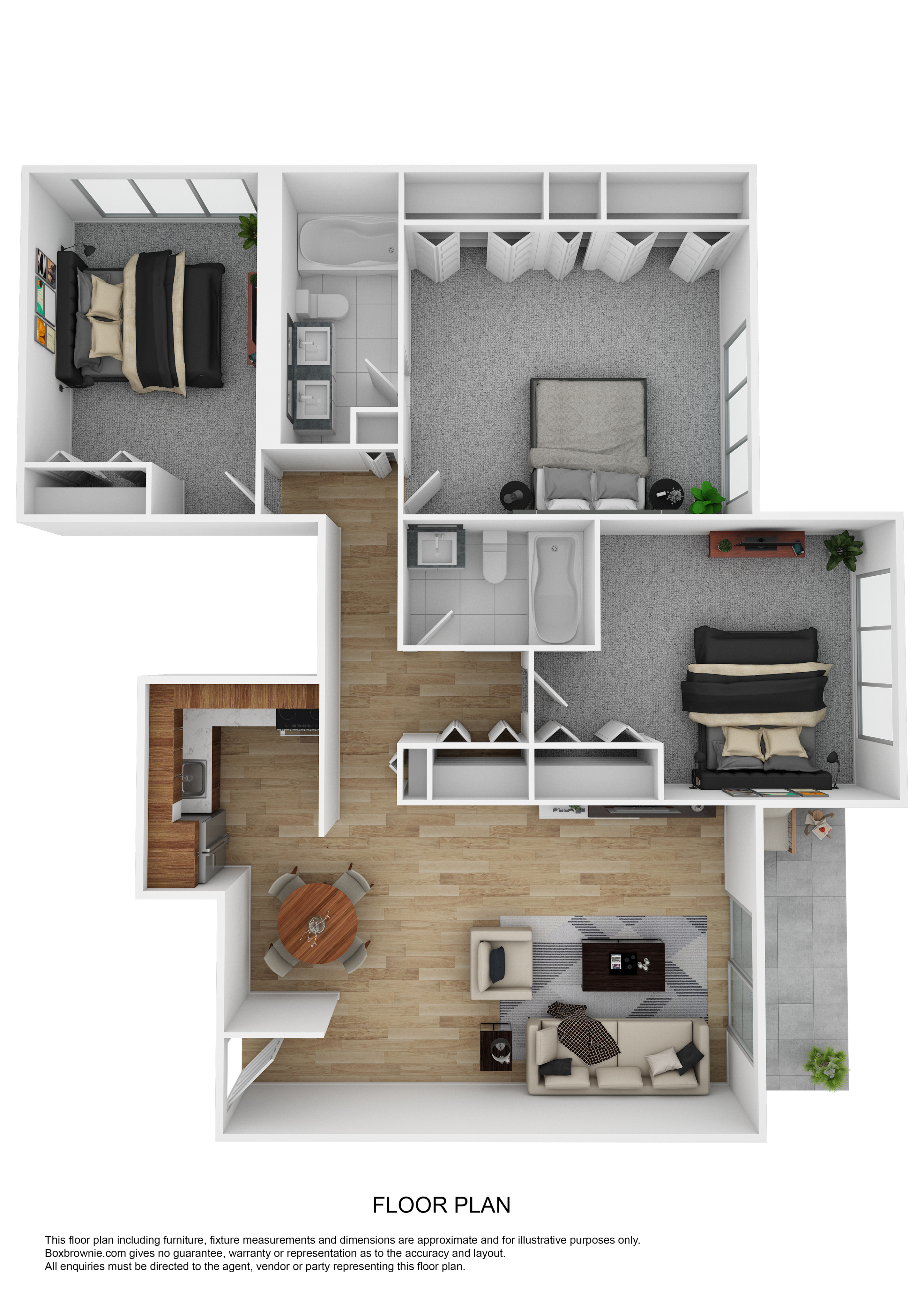 3D floor plan with 3 bedrooms, modern kitchen, open-concept living area, and two bathrooms.