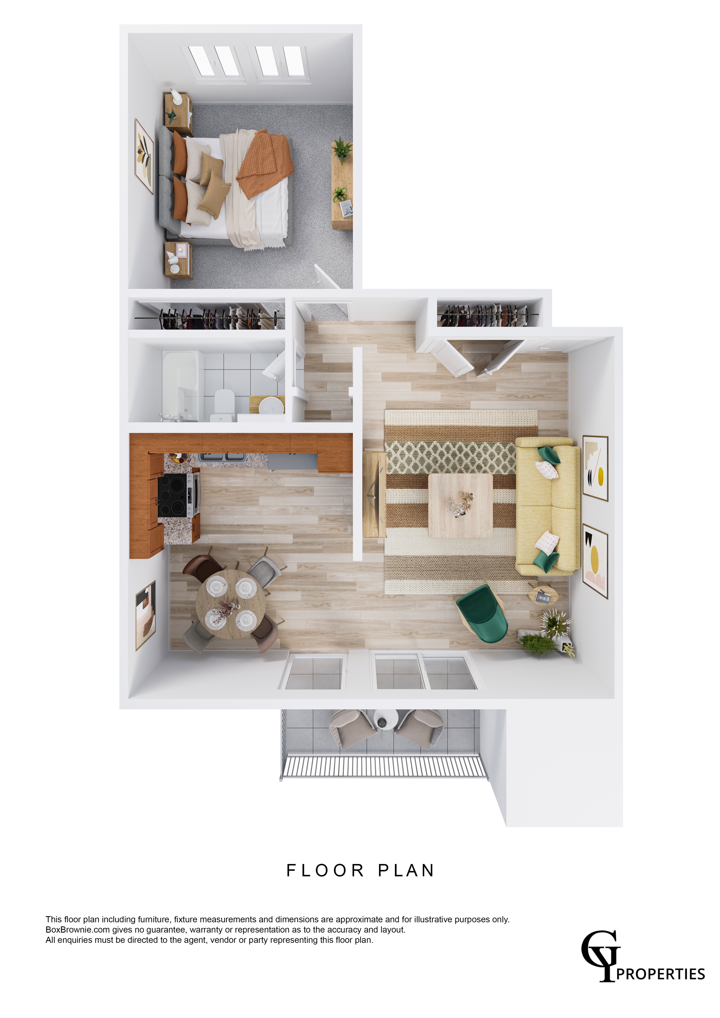 Contemporary 3D floor plan featuring a spacious bedroom, stylish open kitchen, cozy dining area, and inviting living room.