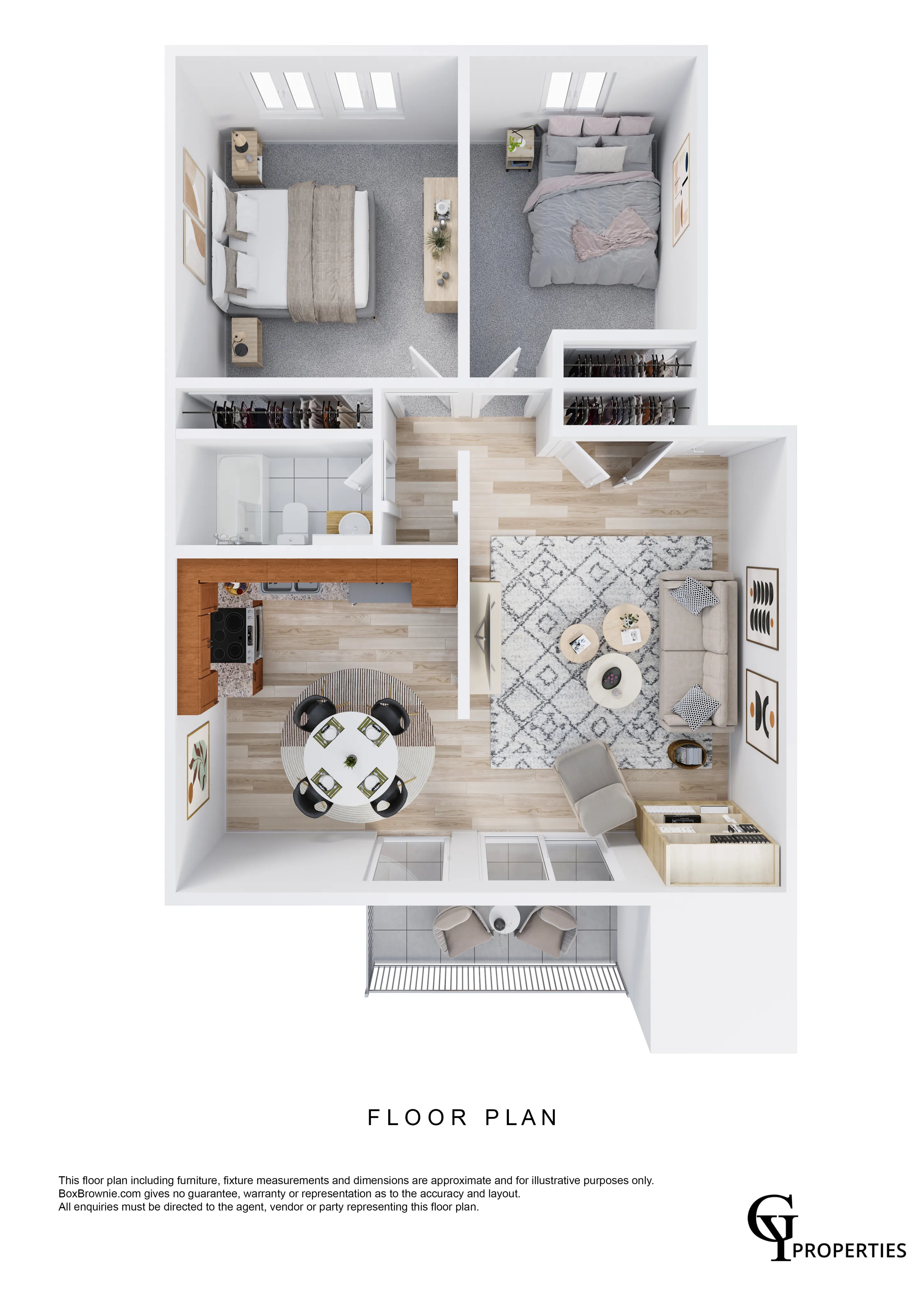 Beautiful 3D floor plan showcasing two bedrooms, a chic living room, and a modern kitchen.