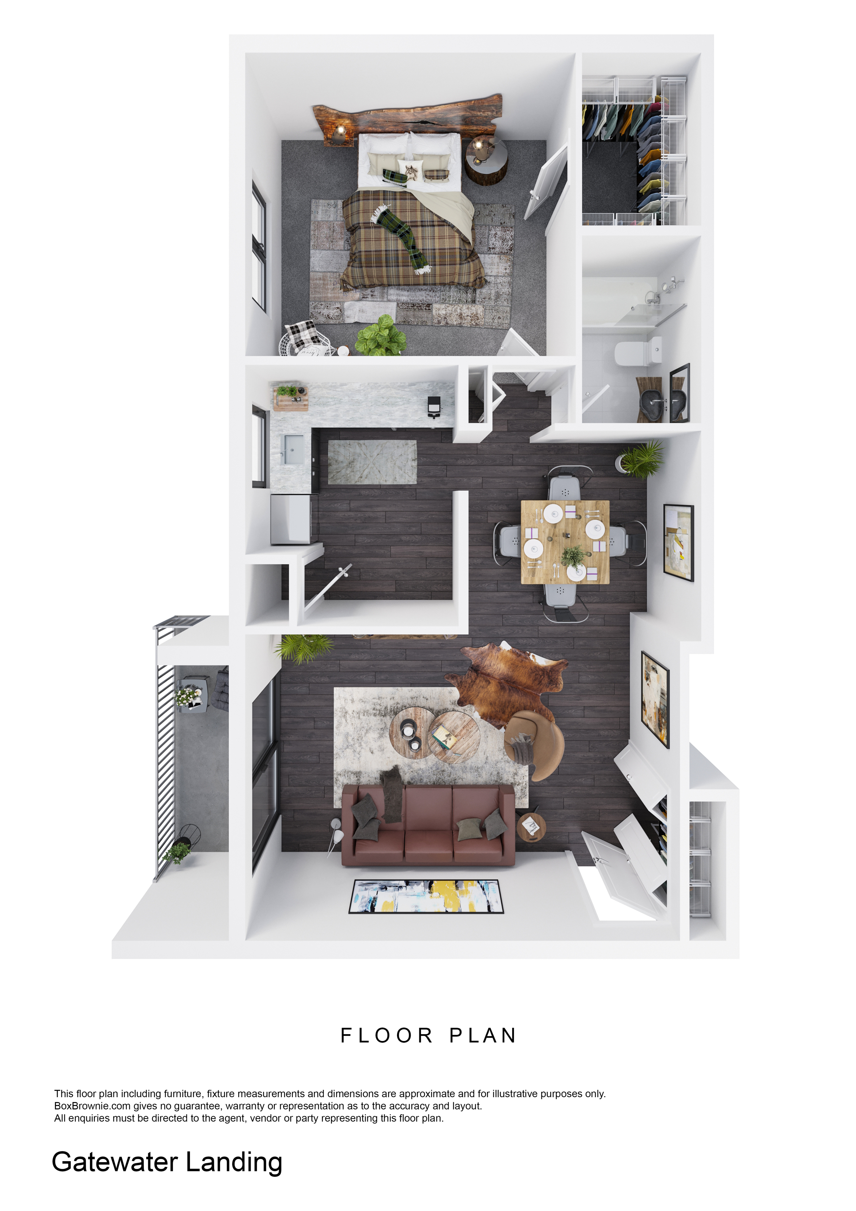 Elegant 2D floor plan showcasing a cozy one-bedroom apartment with an open living space, modern kitchen, and private balcony.