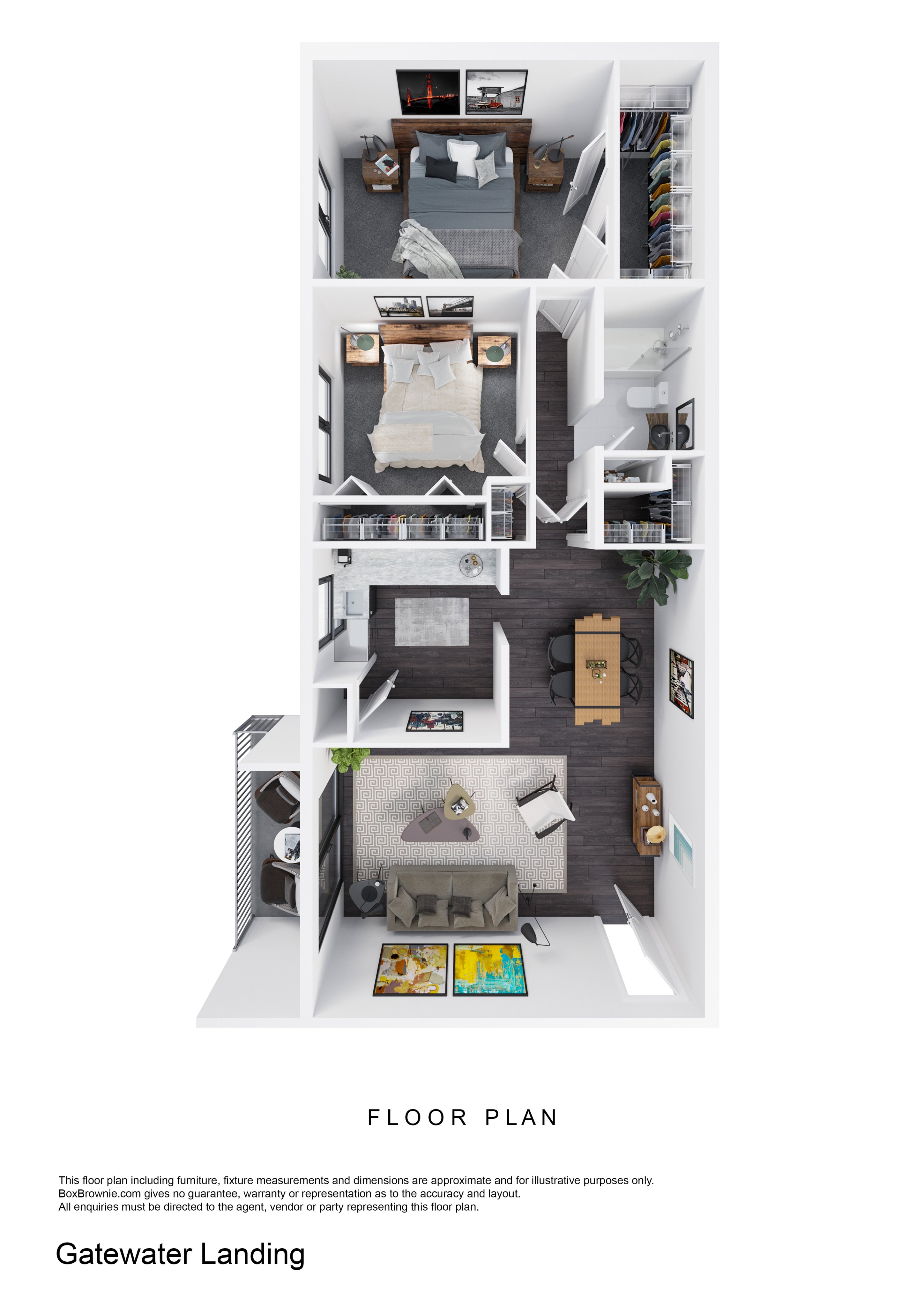 Modern 3D floor plan showcasing two bedrooms, a spacious living room, and a cozy dining area with an outdoor balcony.