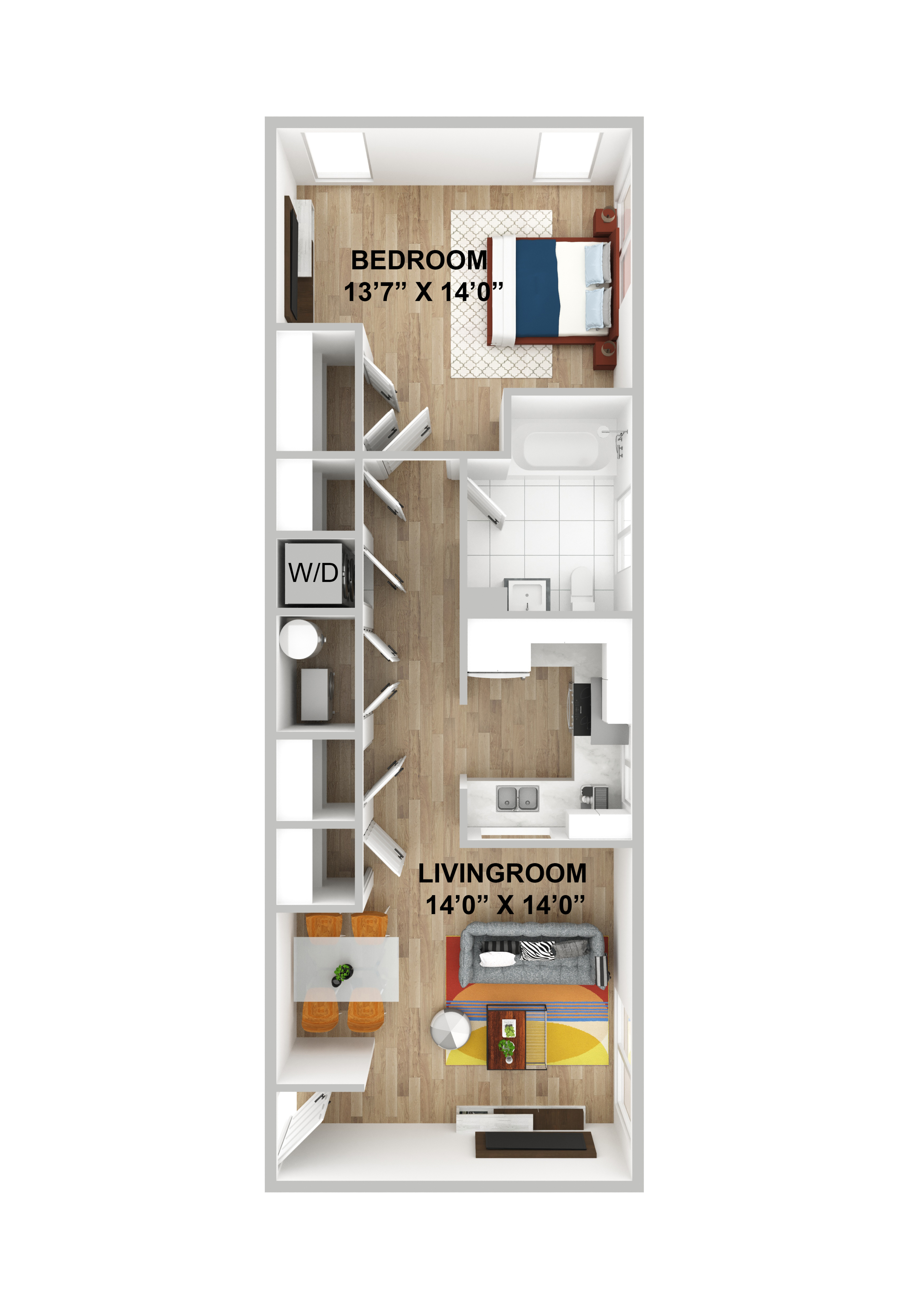 Sleek floor plan featuring a spacious bedroom, open living room, modern kitchen, and bathroom.
