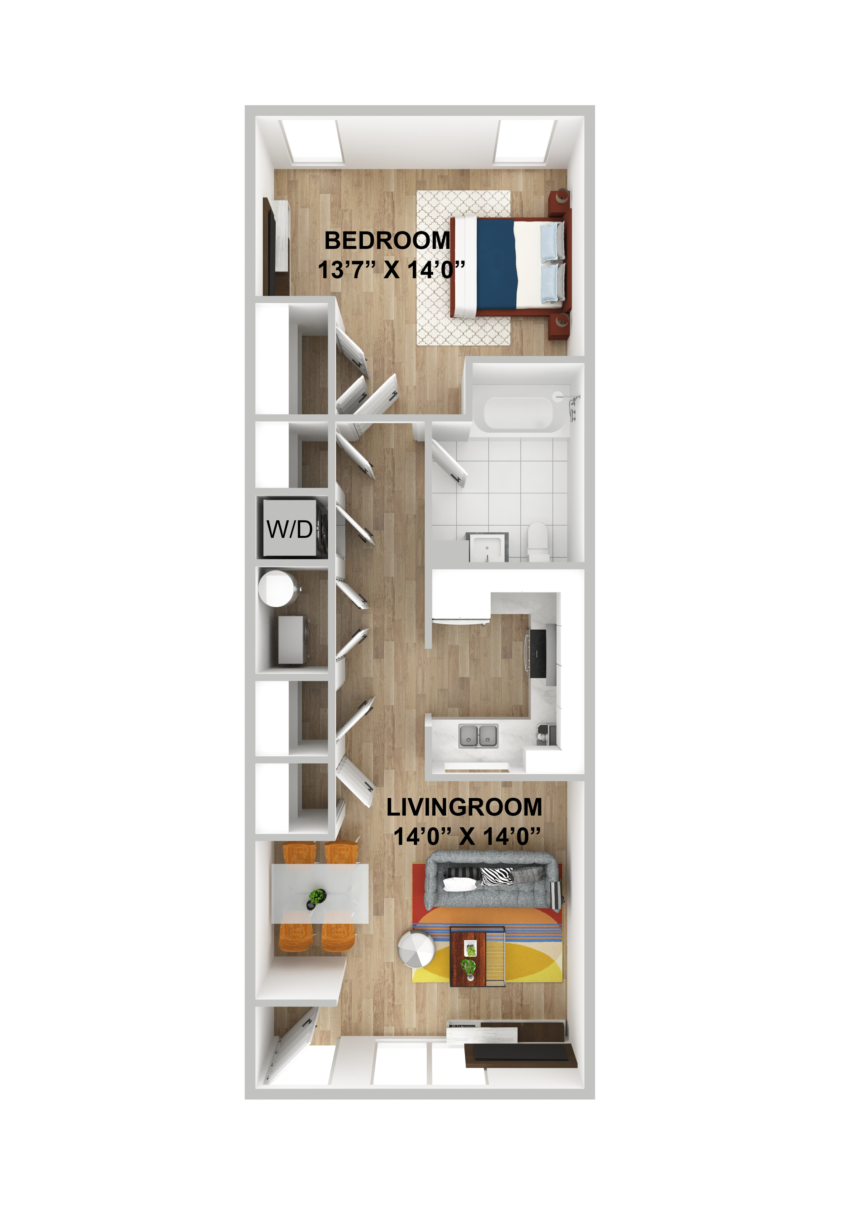 Elegant floor plan with a spacious bedroom, living room, and modern kitchen, designed for urban living.