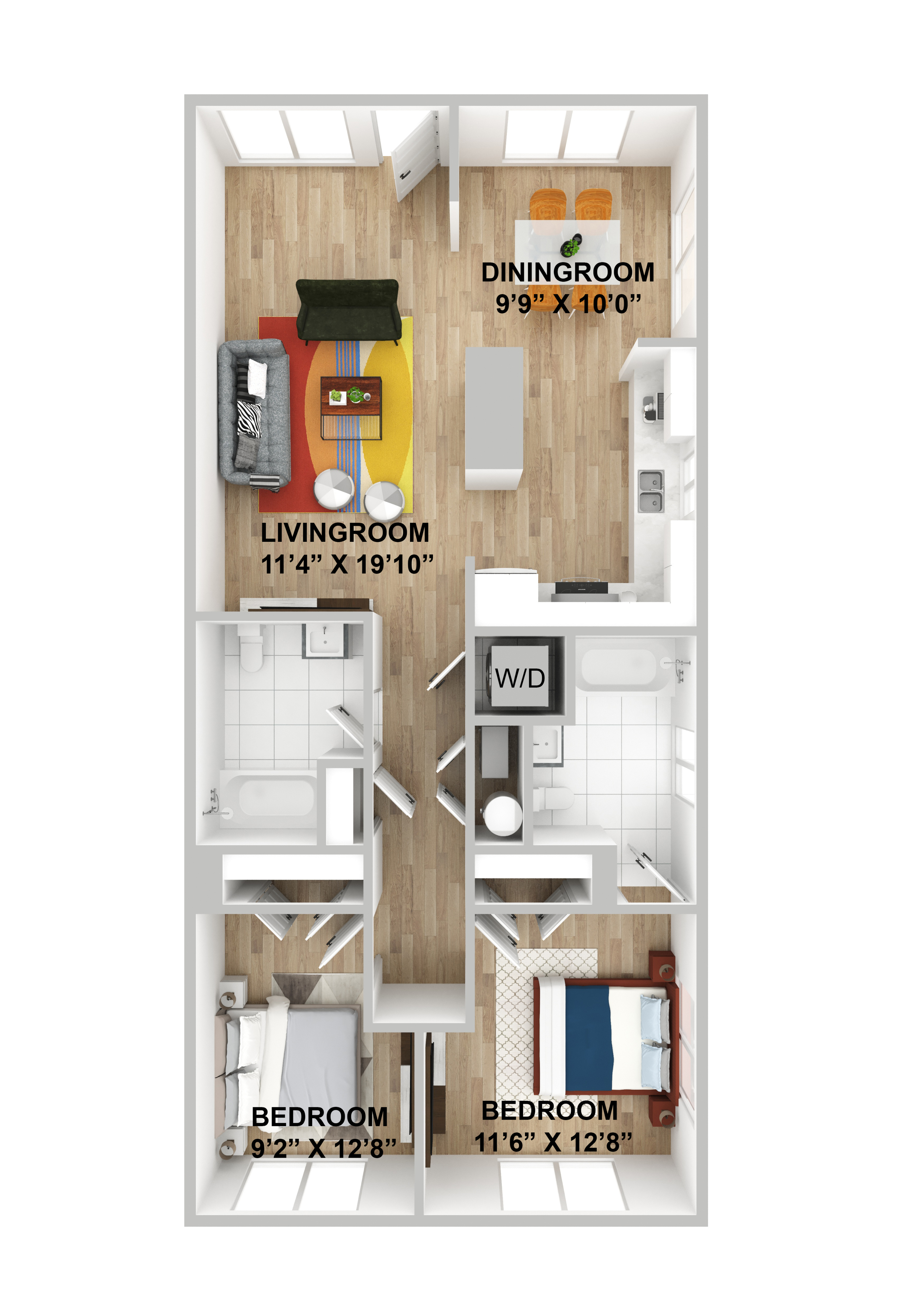 Chic 2D floor plan featuring two bedrooms, a spacious living room, dining area, and modern kitchen.