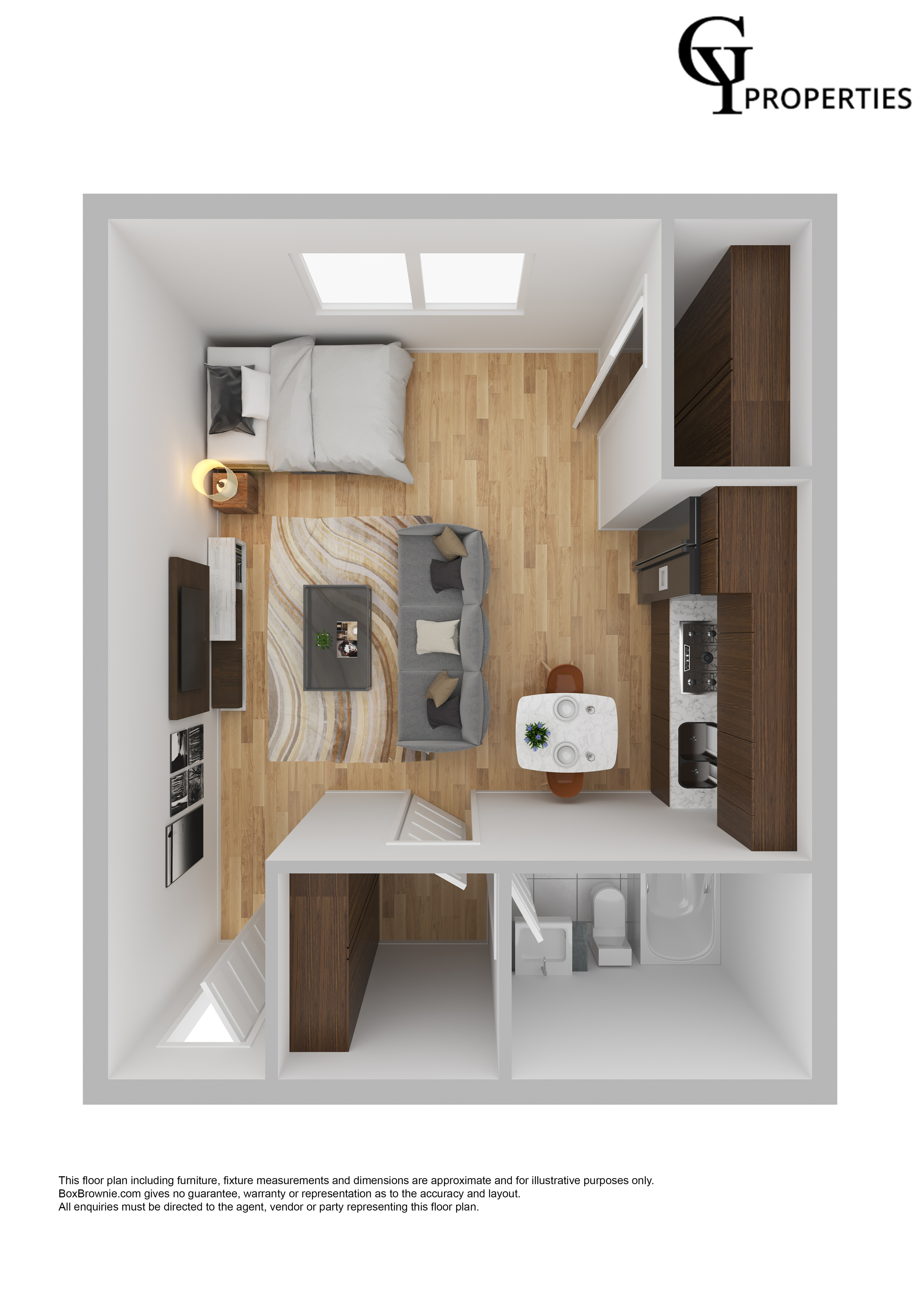 3D floor plan of a modern studio apartment featuring a comfortable sleeping area, open-concept living space, and efficient kitchen.