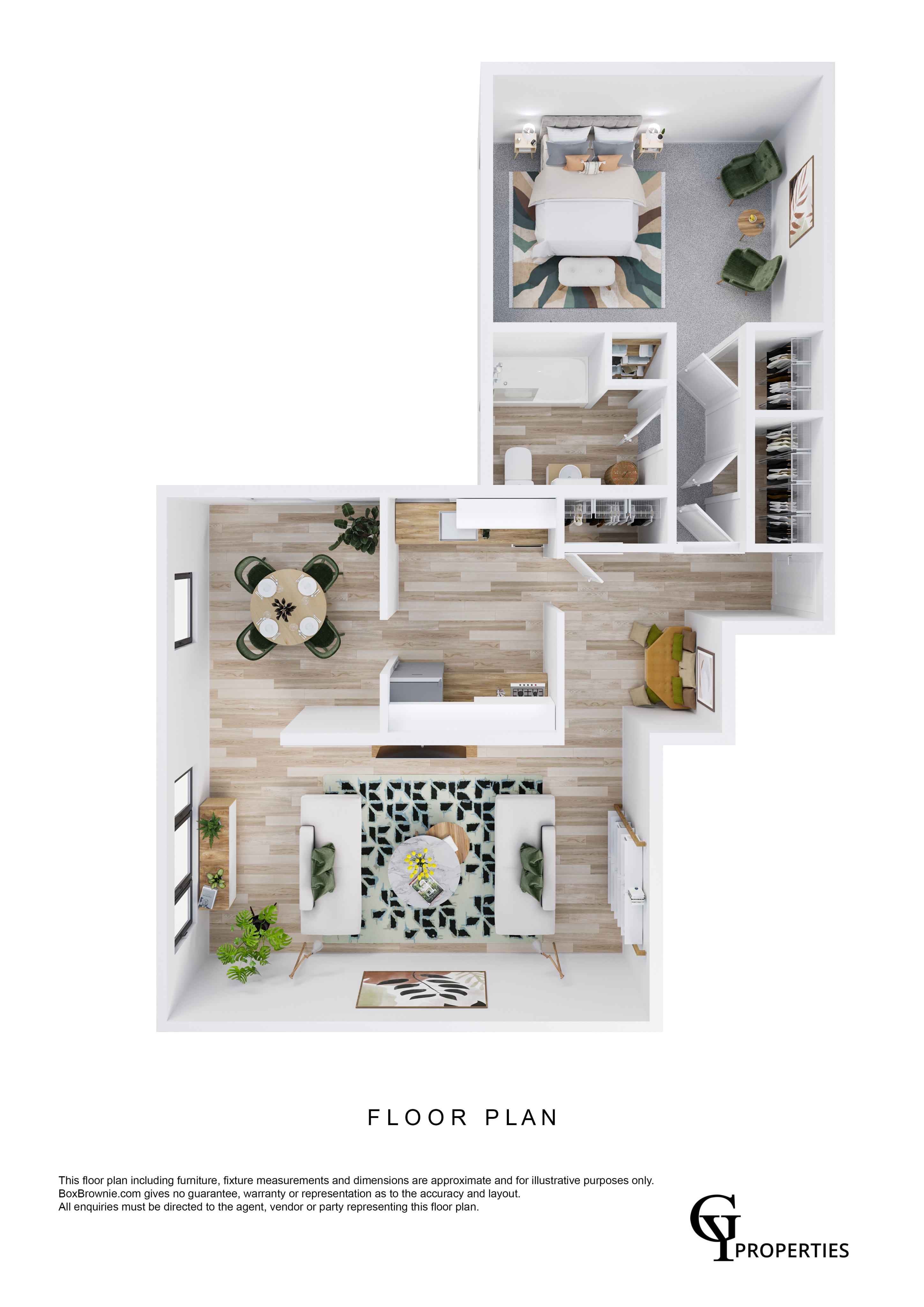 3D floor plan with a bedroom, spacious living area, and elegant dining space.
