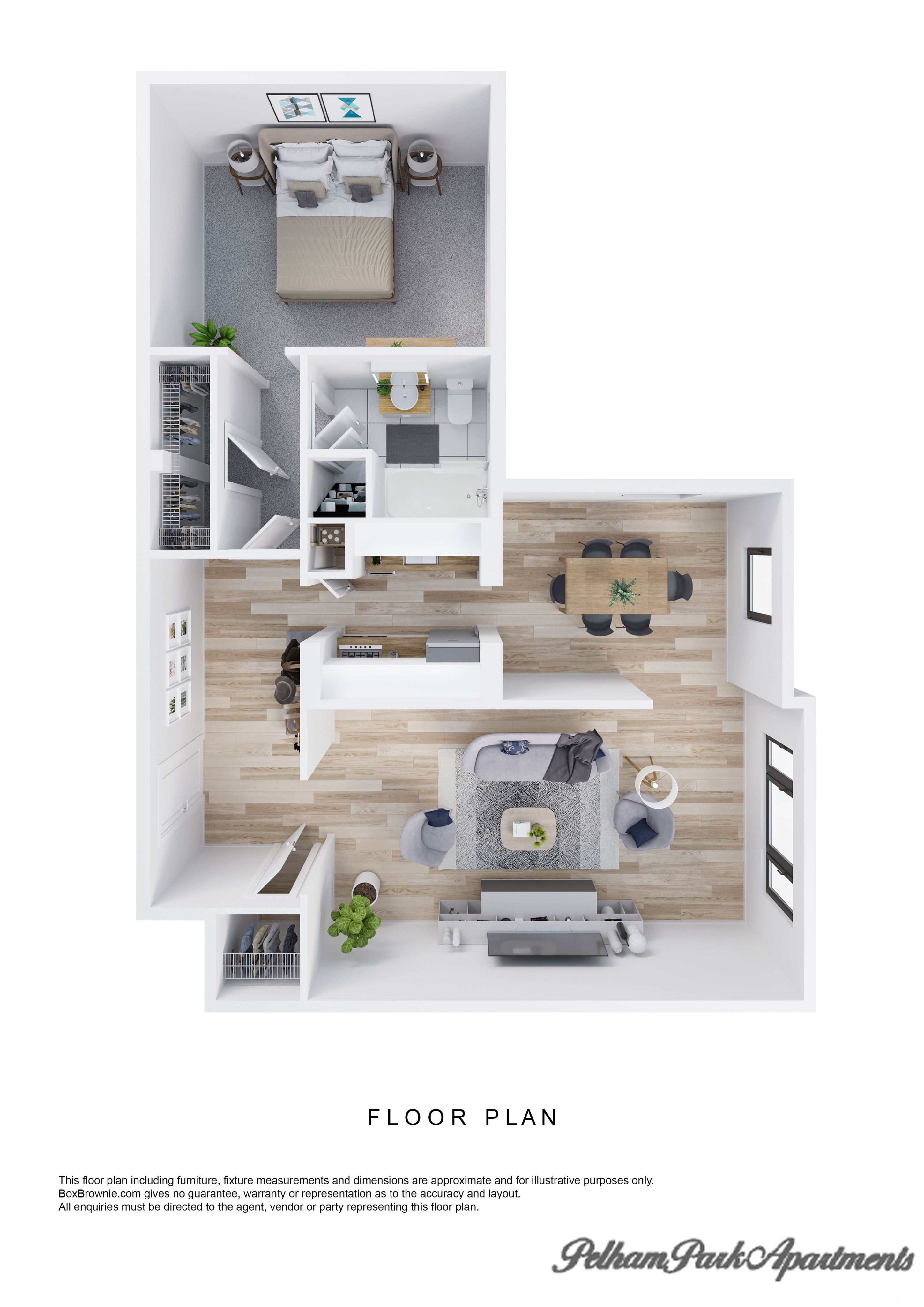 Chic floor plan featuring a spacious bedroom, modern bathroom, dining area, and cozy living room.