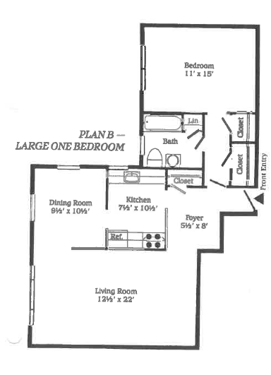 Floor plan of a large one-bedroom apartment with a living room, dining area, and kitchen.