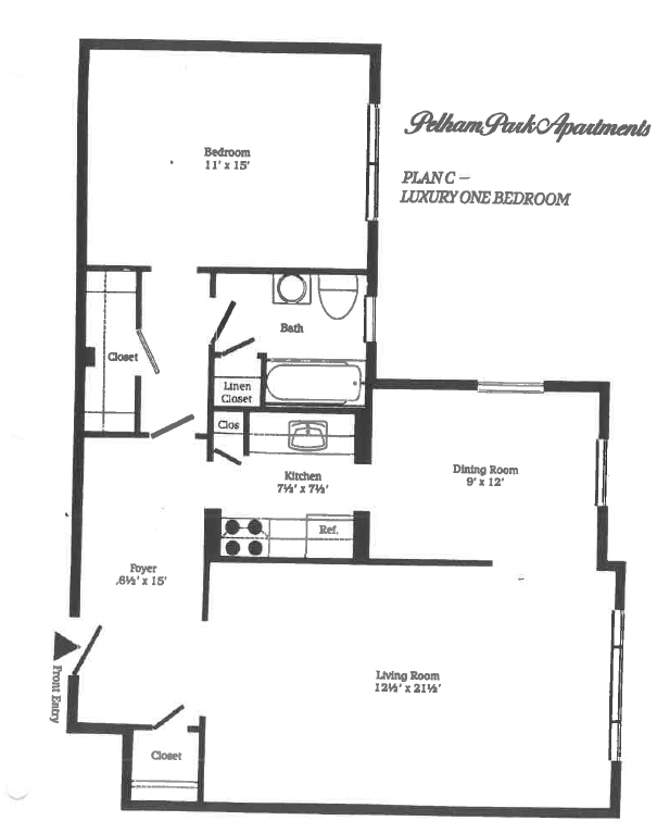 Elegant one-bedroom floor plan at Pelham Park Apartments featuring a spacious living room, dining area, and gourmet kitchen layout.