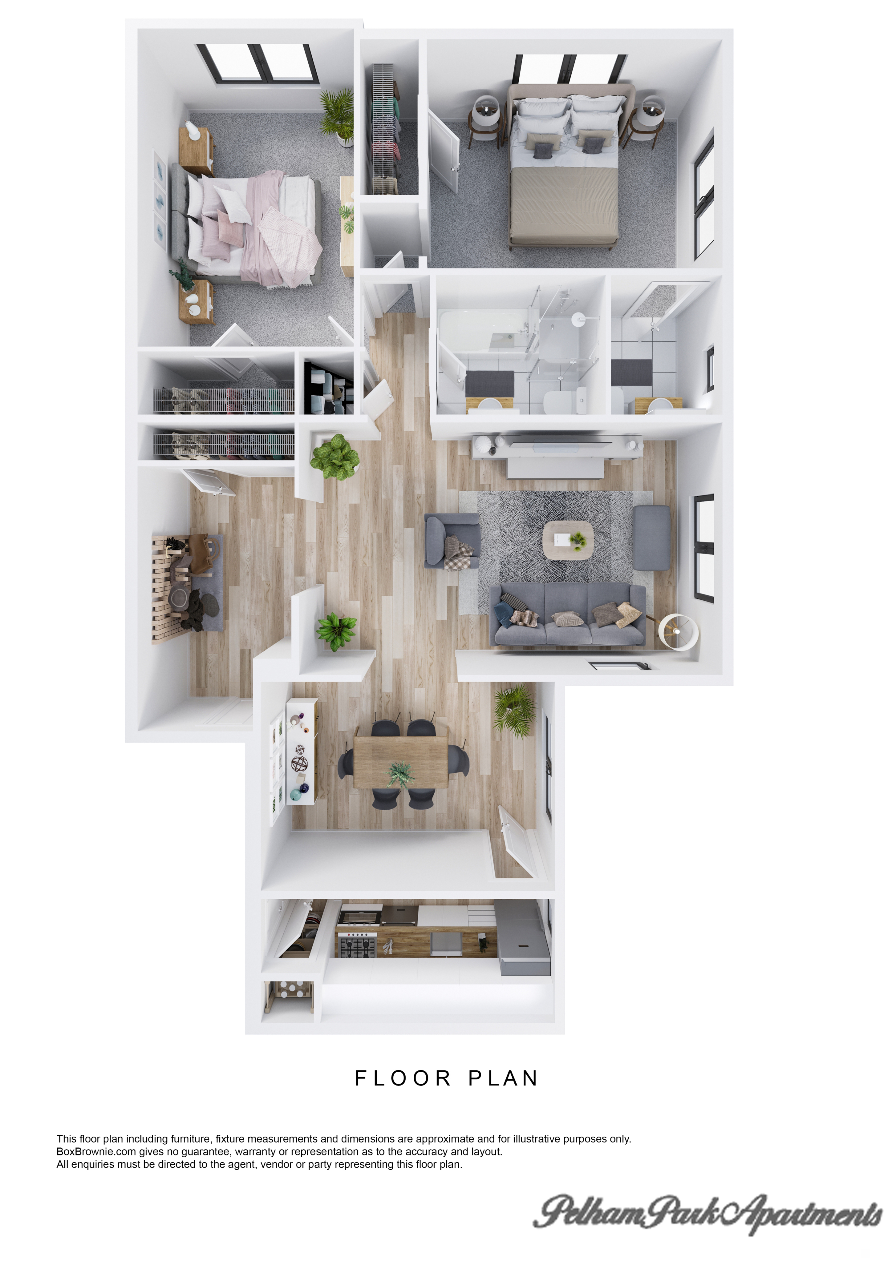 Contemporary 3D floor plan of a modern apartment with two bedrooms, cozy living space, and open dining area.