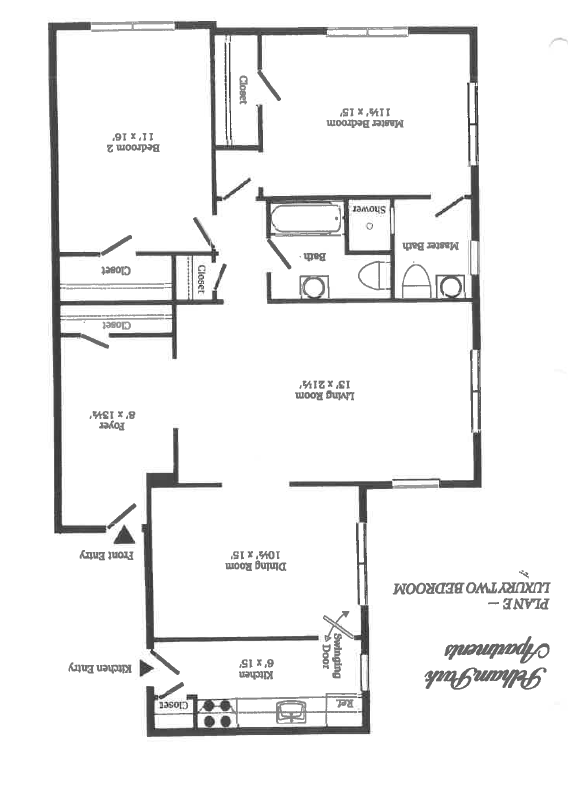 Elegant floor plan featuring 2 bedrooms, a master bedroom, a spacious living room, dining area, and a compact kitchen.