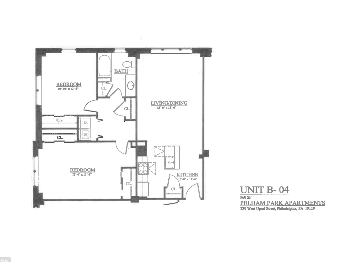 Floor plan of Unit B-04 at Pelham Park Apartments with 2 bedrooms, 1 bathroom, and a large living/dining area.