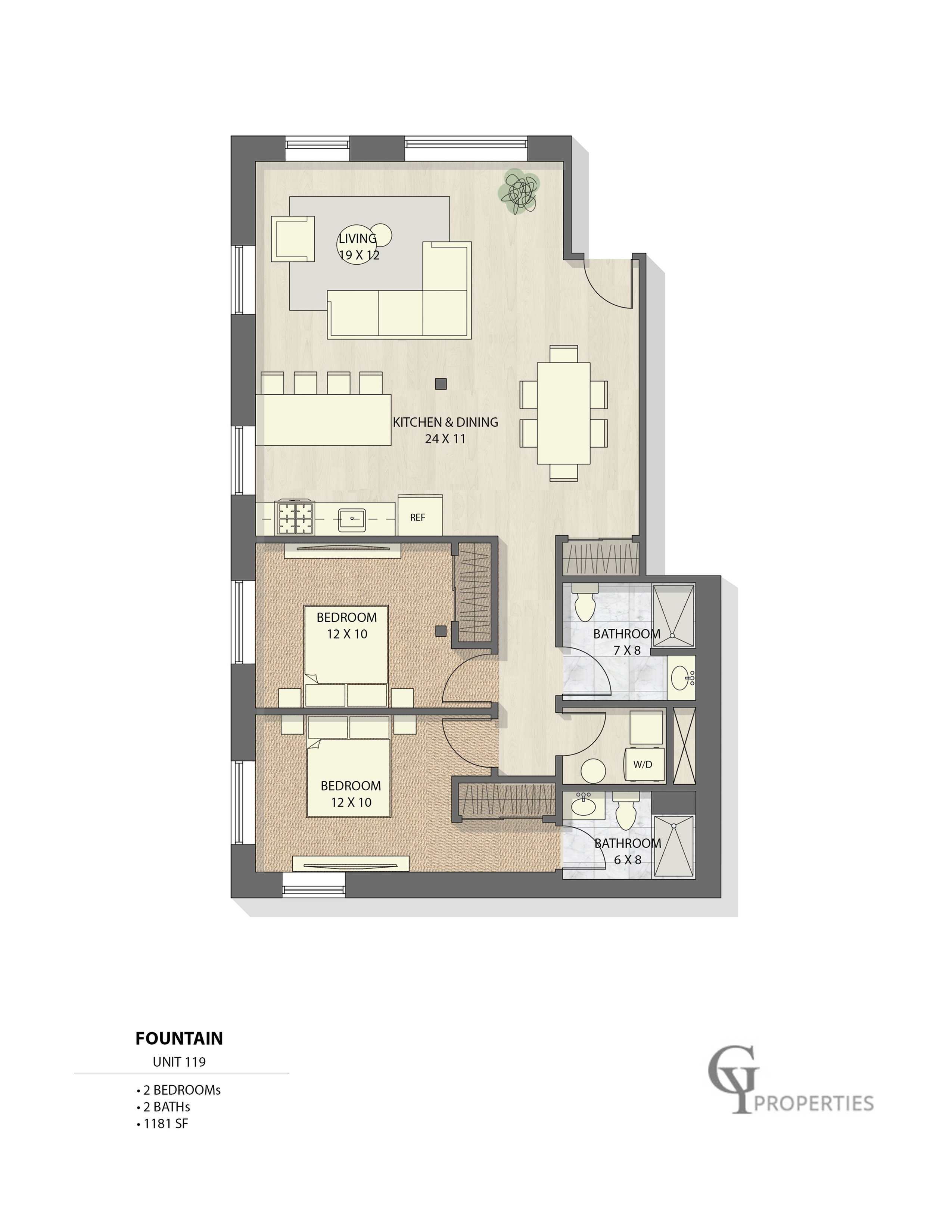 Detailed floor plan of Fountain Unit 119 with 2 bedrooms, 2 bathrooms, and open-concept kitchen and living area.