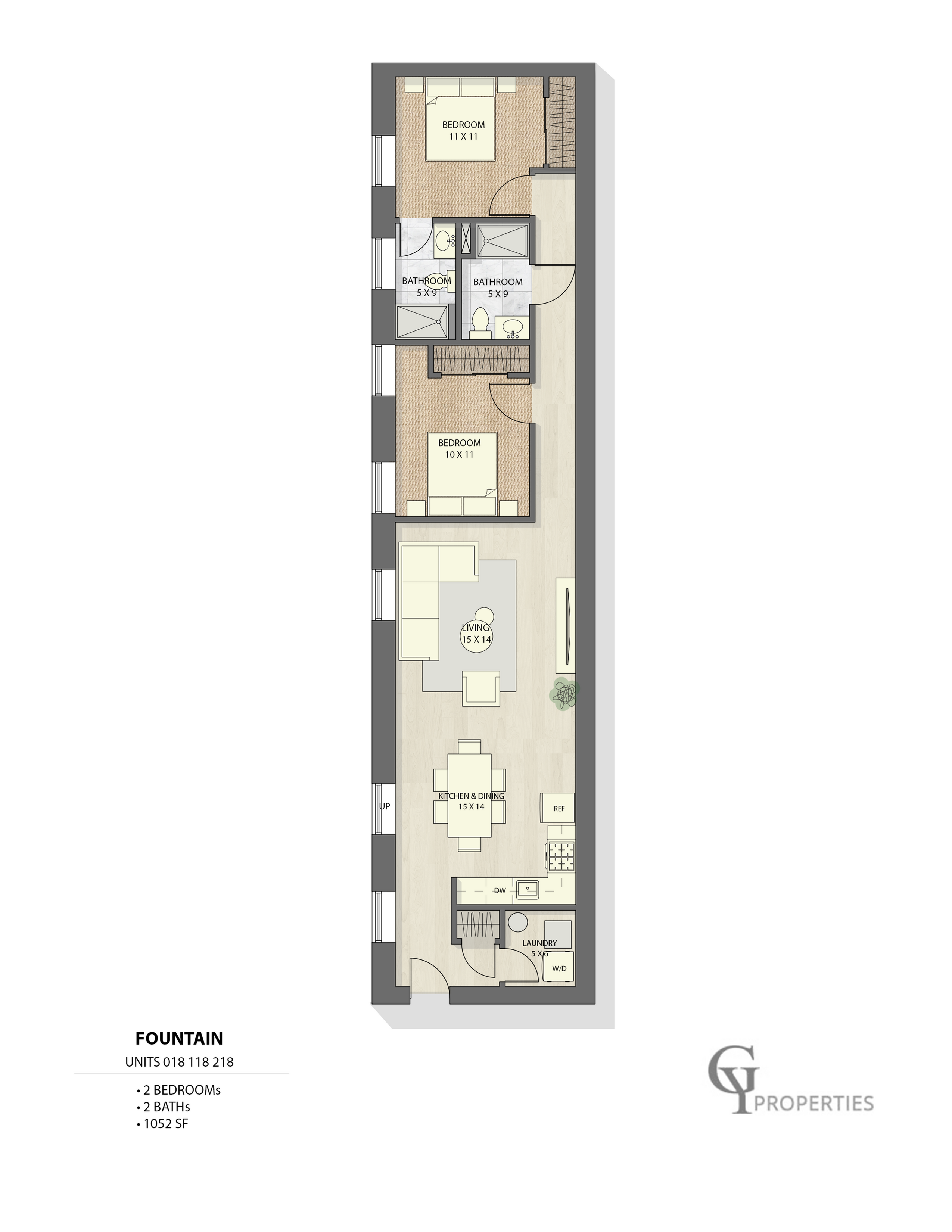 Elegant 2-bedroom, 2-bathroom apartment floor plan with open living and kitchen area.