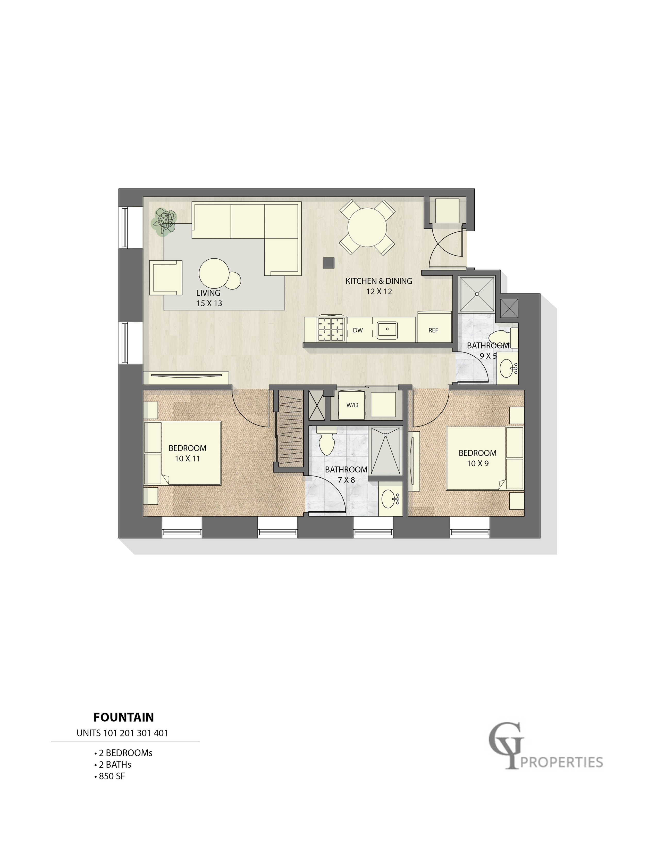 Elegant 2D floor plan of Fountain apartment featuring 2 bedrooms, open living and dining area, and modern kitchen.