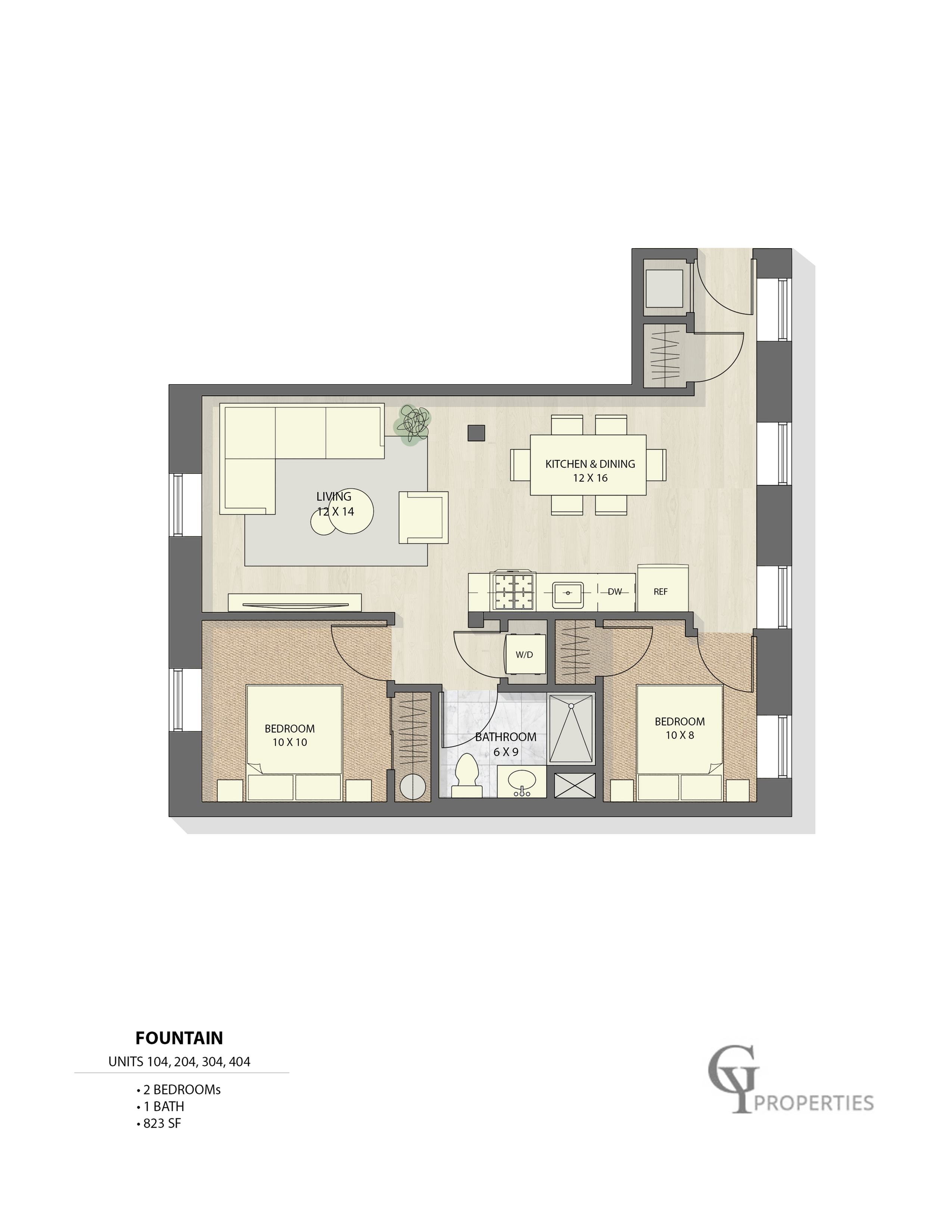 Fountain layout with 2 bedrooms, 1 bath, and a spacious living area.